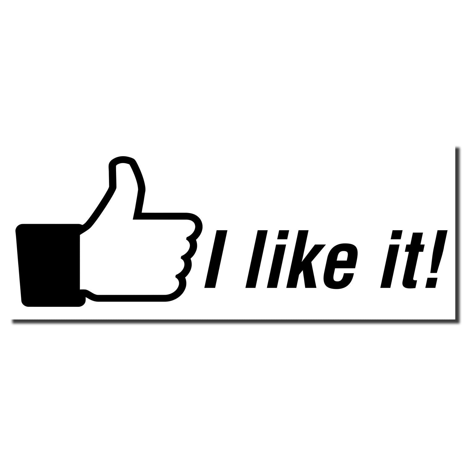 Black thumbs-up icon with I like it! text on a white background, social media like button graphic.