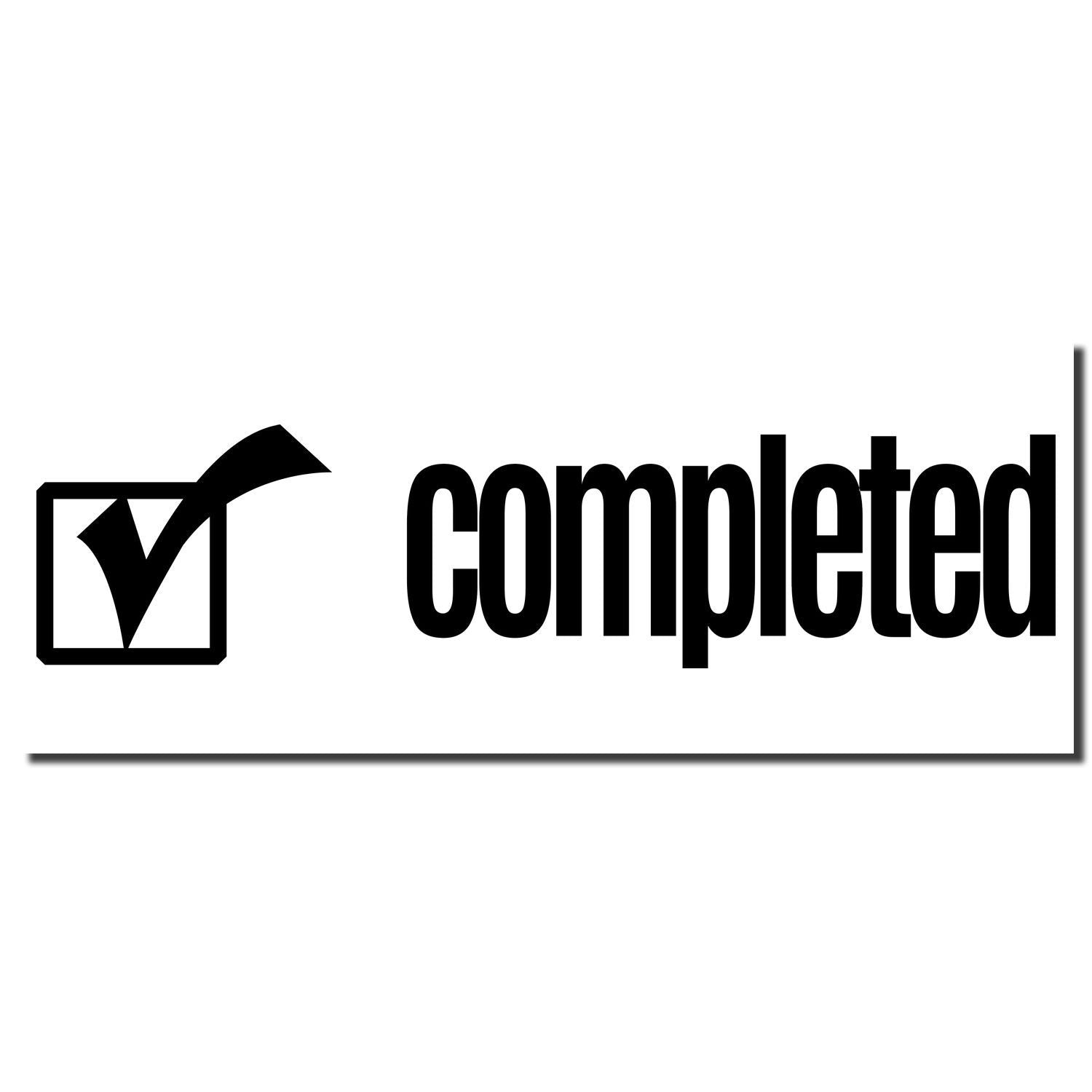 Completed status icon with checkmark and bold completed text logo on white background