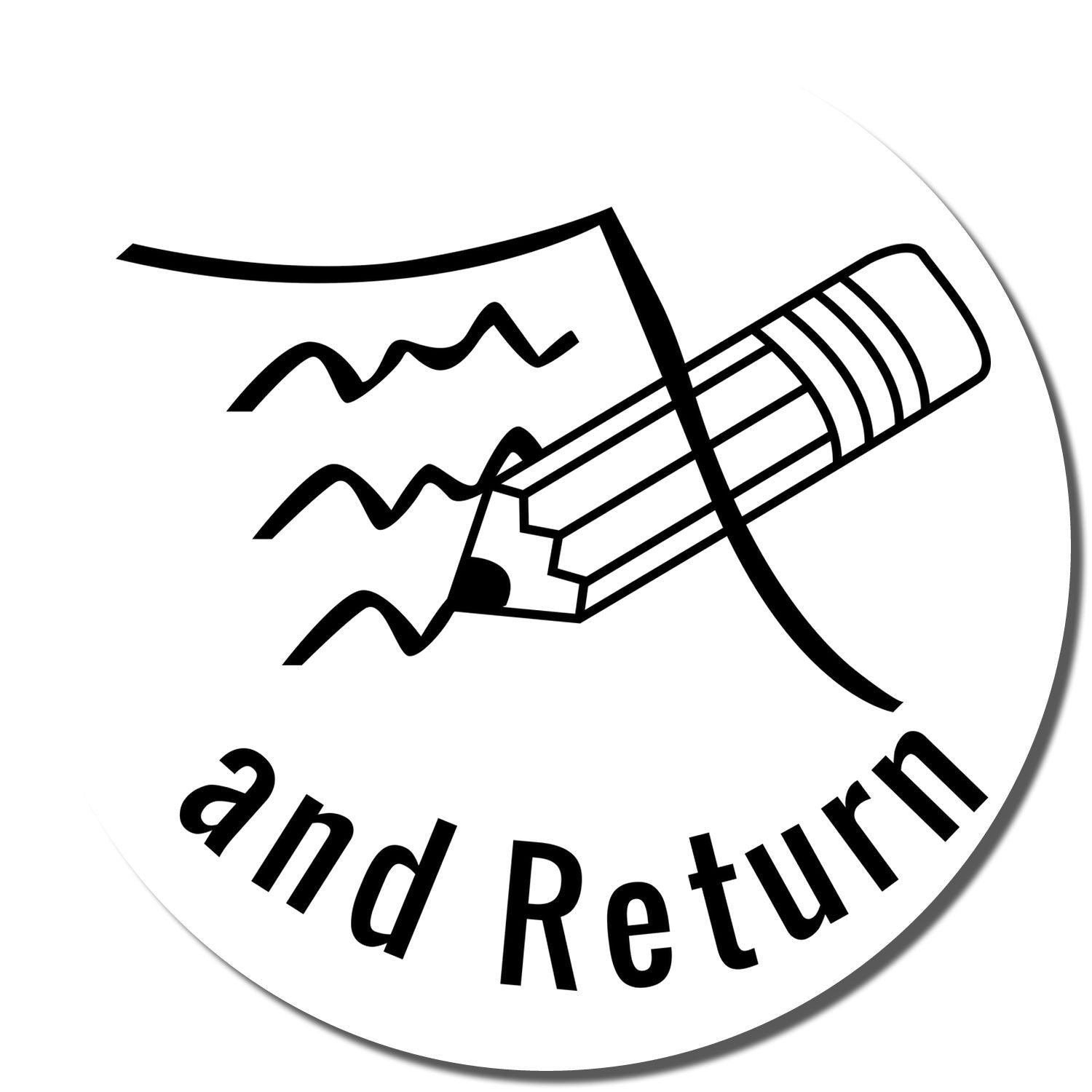 Black pencil icon with and Return text on a white circular background, representing edit and return.