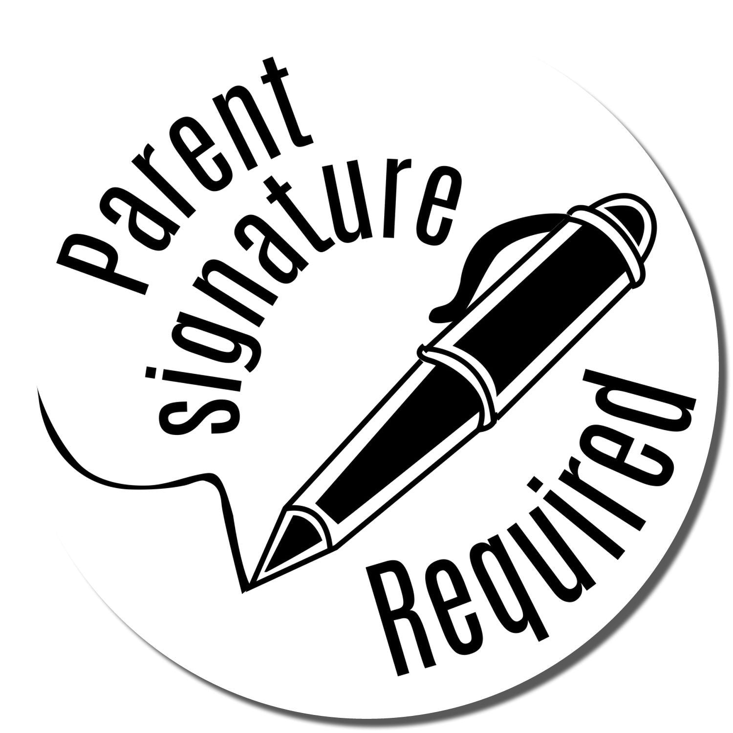 Parent signature required icon with pen, black and white approval notice graphic for forms and documents
