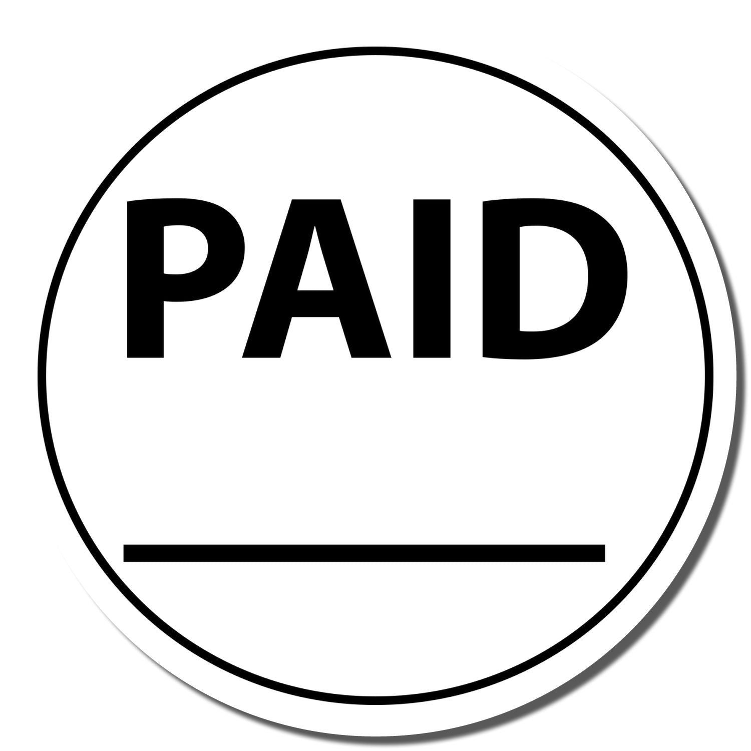 Black and white PAID stamp icon in a circular badge, isolated on white background.