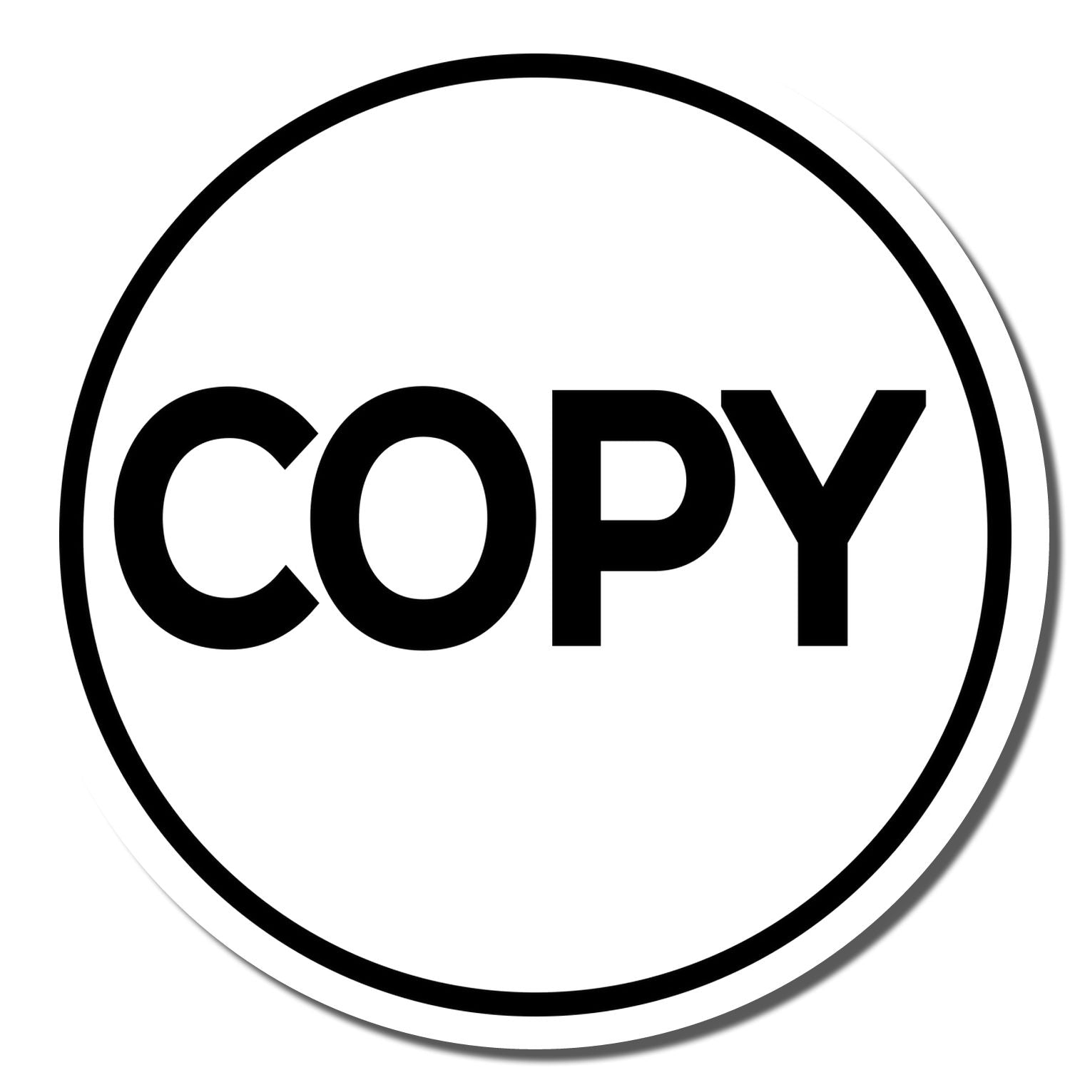 Black COPY icon in a circle on a white background, simple copy symbol for documents and printing.