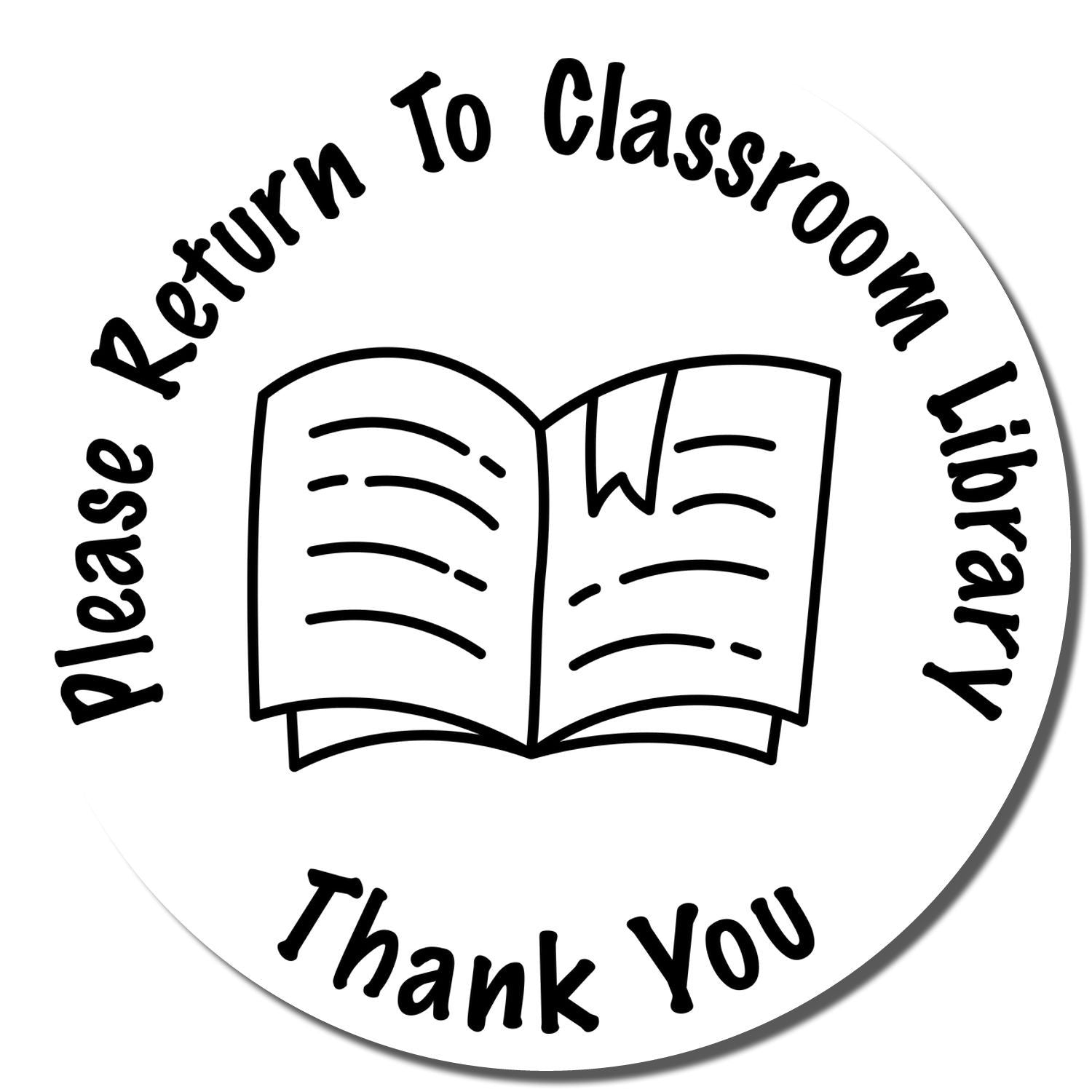 Classroom library return sticker with open book icon and text Please Return to Classroom Library, Thank You