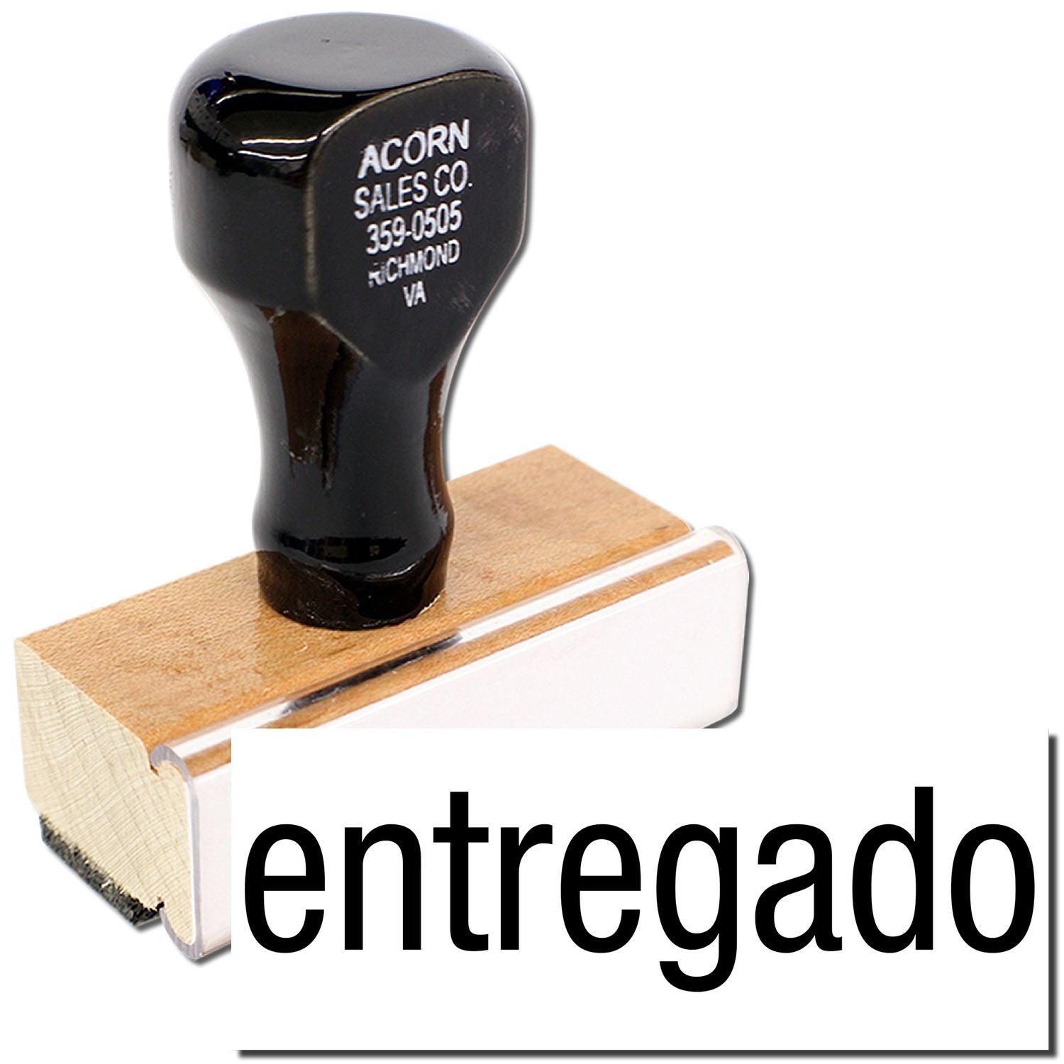 Black Acorn Sales Co 359-0505 Richmond replacement door knob for hardware, shown on wooden mounting block with Entegrado logo.
