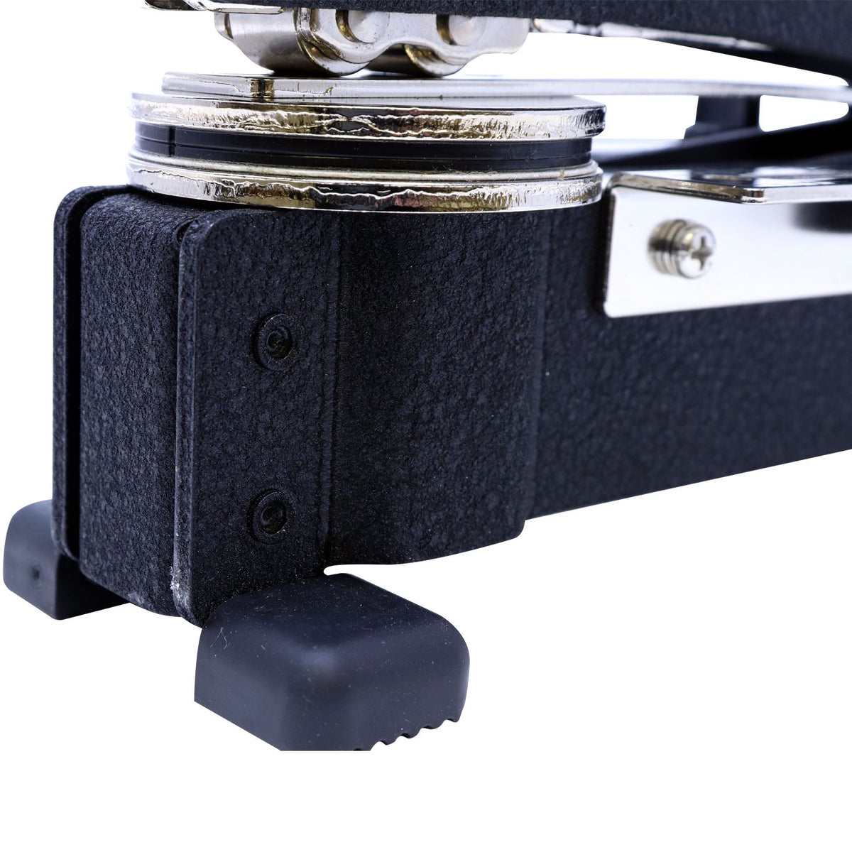 Close-up of a black and silver metal mechanical hinge with chrome hardware on a white background.