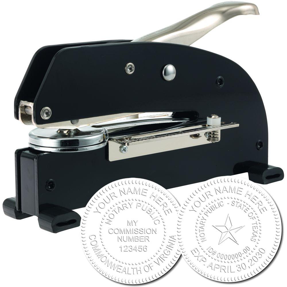 Black notary embosser stamp with custom seal impressions for official documents and certification