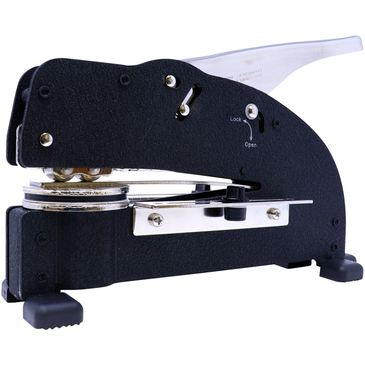 Heavy-duty manual paper hole punch machine with lock and open lever on a white background