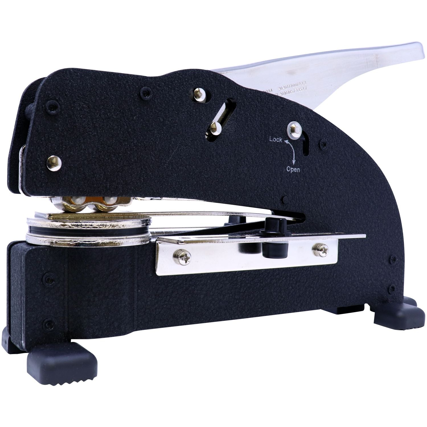 Black packing tape dispenser machine with lock and open lever, metal roll holder, isolated on white background.