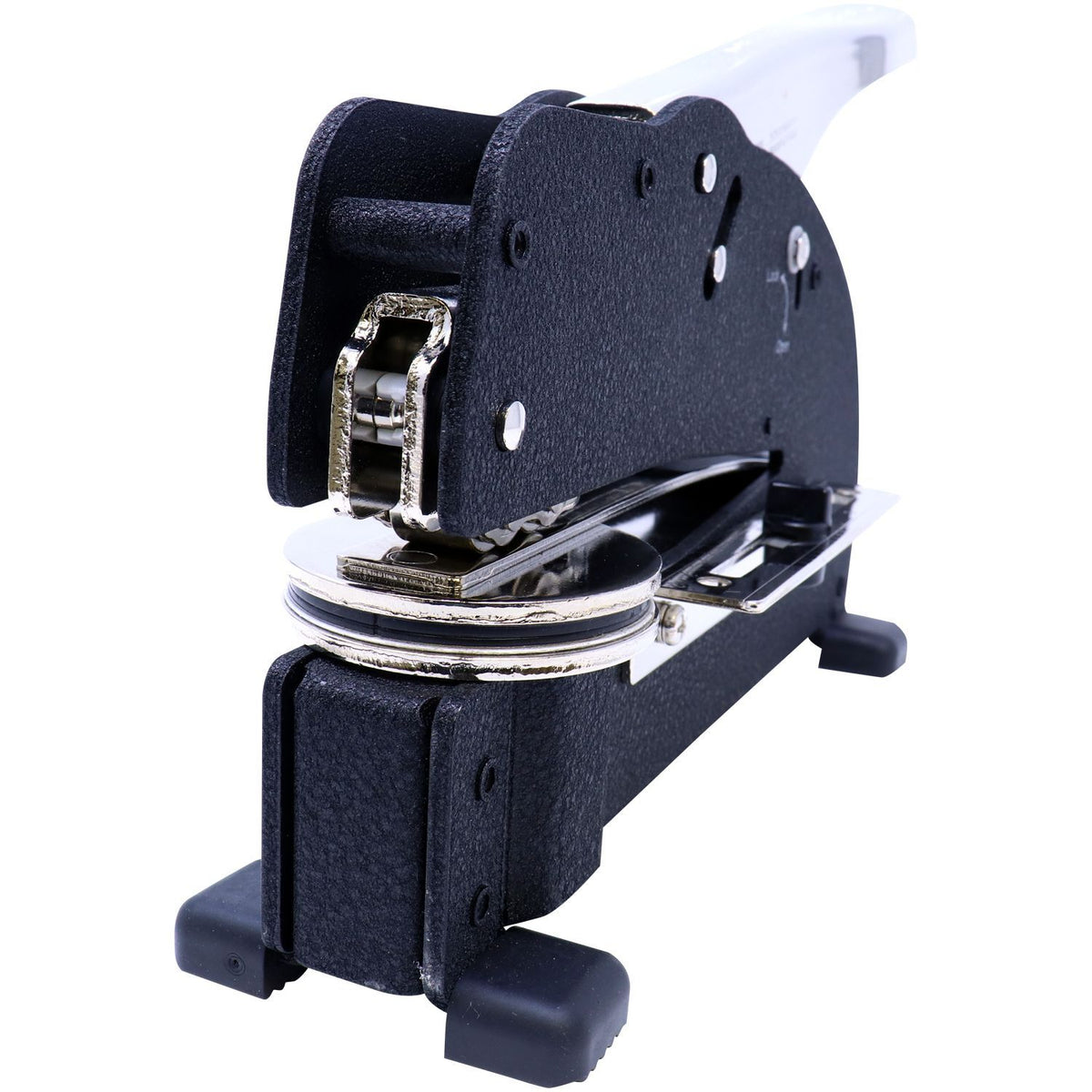 Heavy-duty black industrial stapler with metal construction on white background