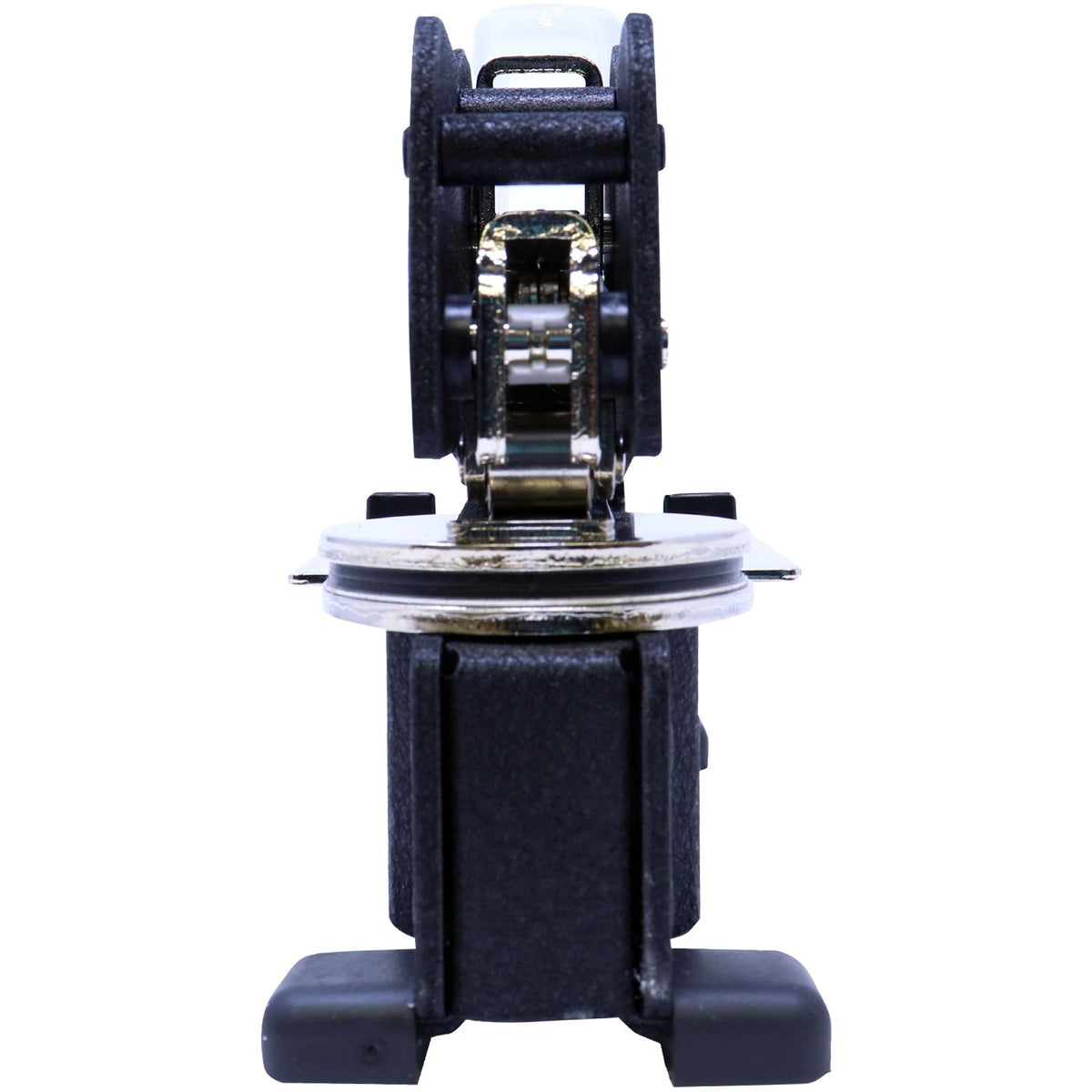 Close-up of a black automotive headlight bulb with metal mounting base and connector.