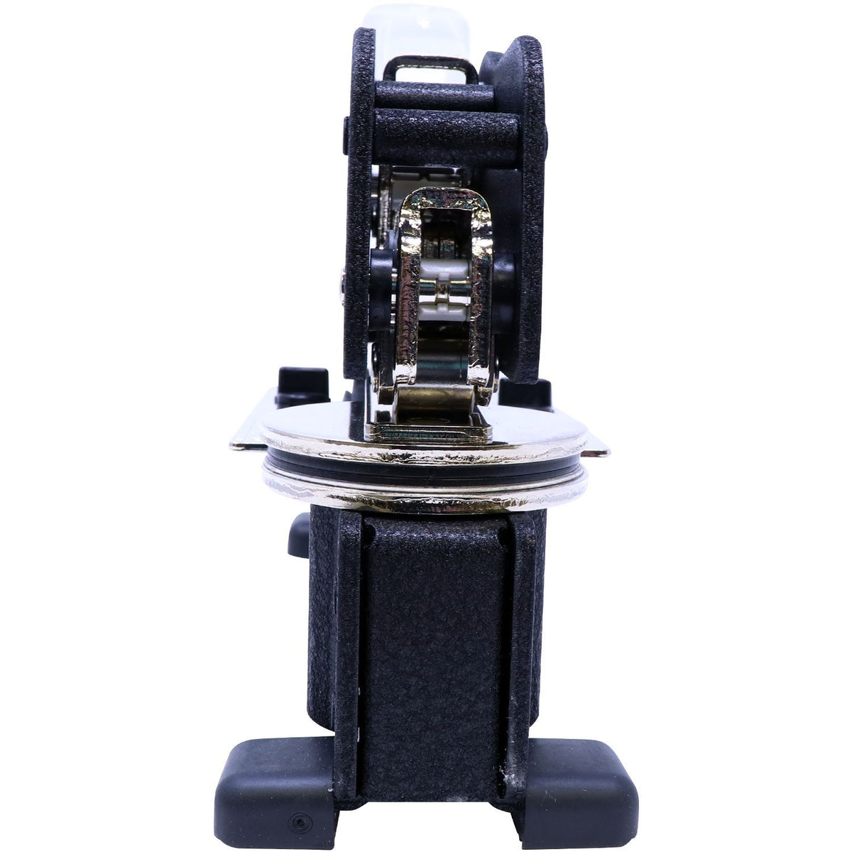 Close-up side view of an automotive LED headlight bulb with metal mounting base and black housing on a white background.