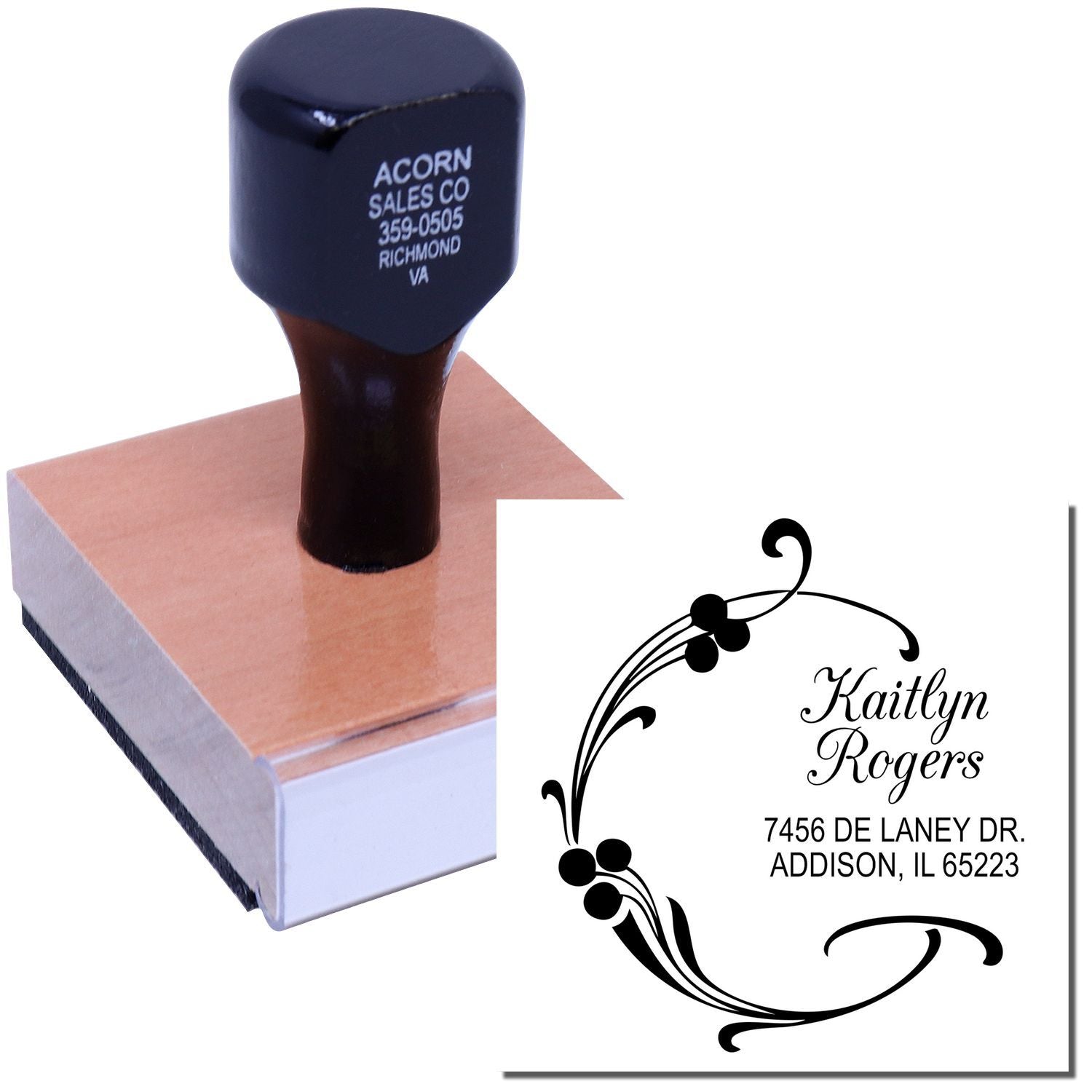 Custom self-inking rubber stamp with decorative return address design for Kaitlyn Rogers personalized address stamp