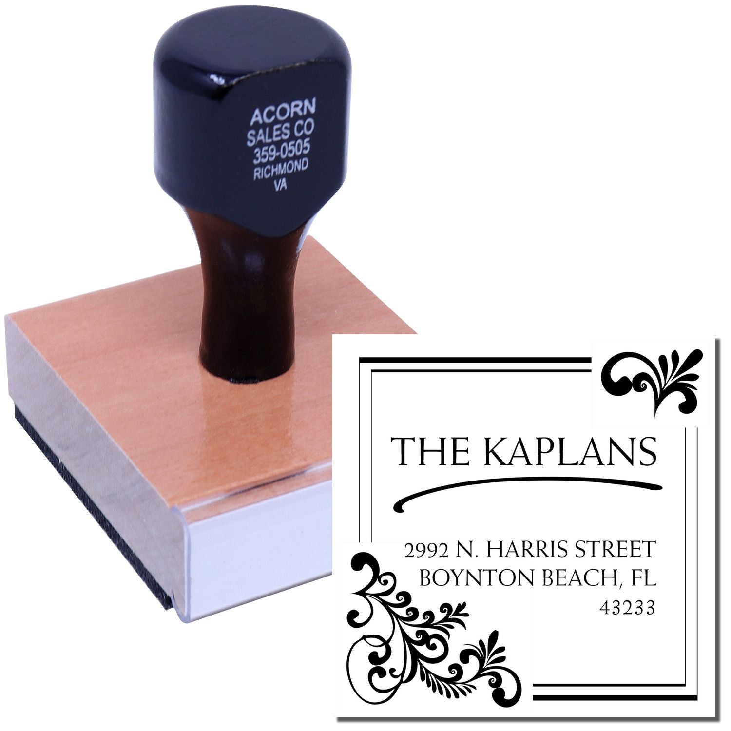 Personalized self-inking rubber return address stamp with decorative design for The Kaplans.