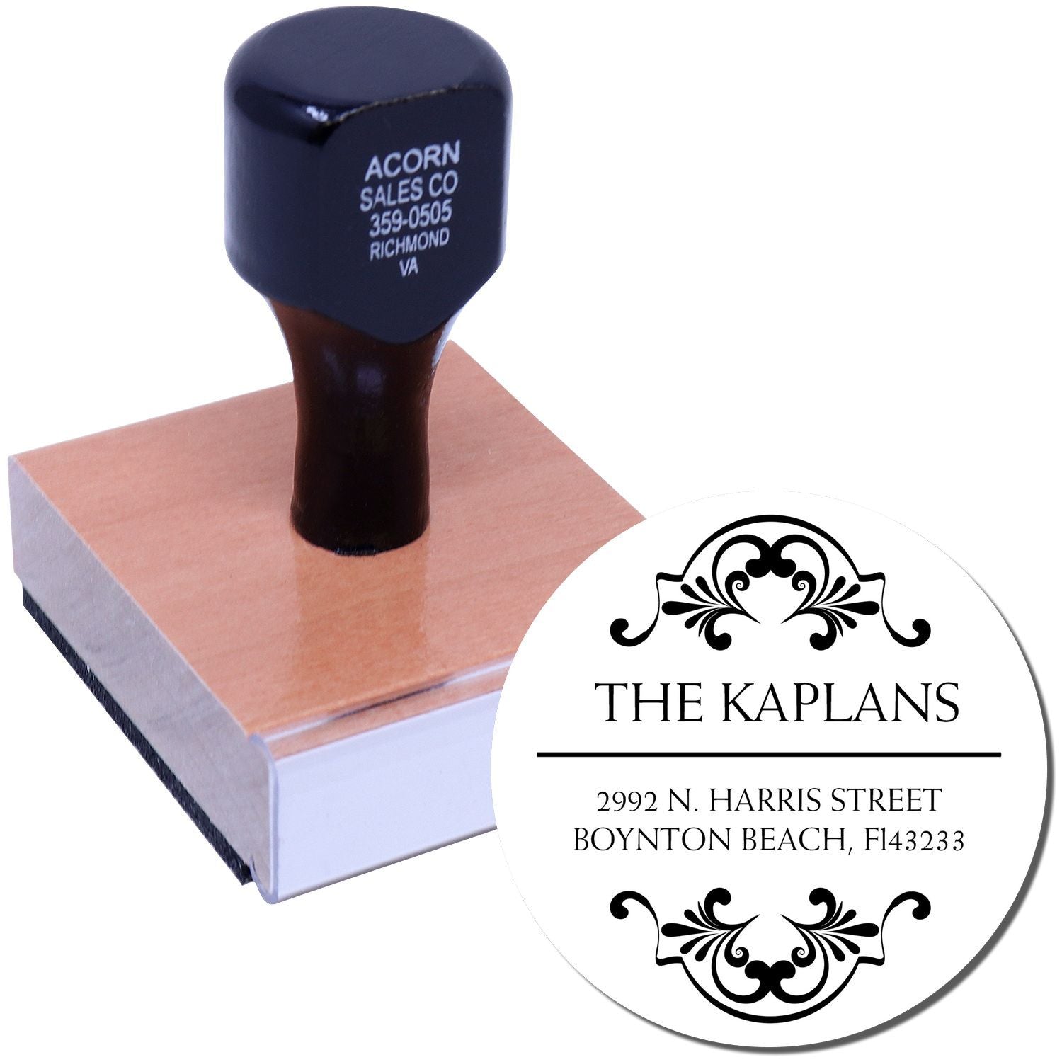 Custom self-inking rubber address stamp with personalized family name and return address design