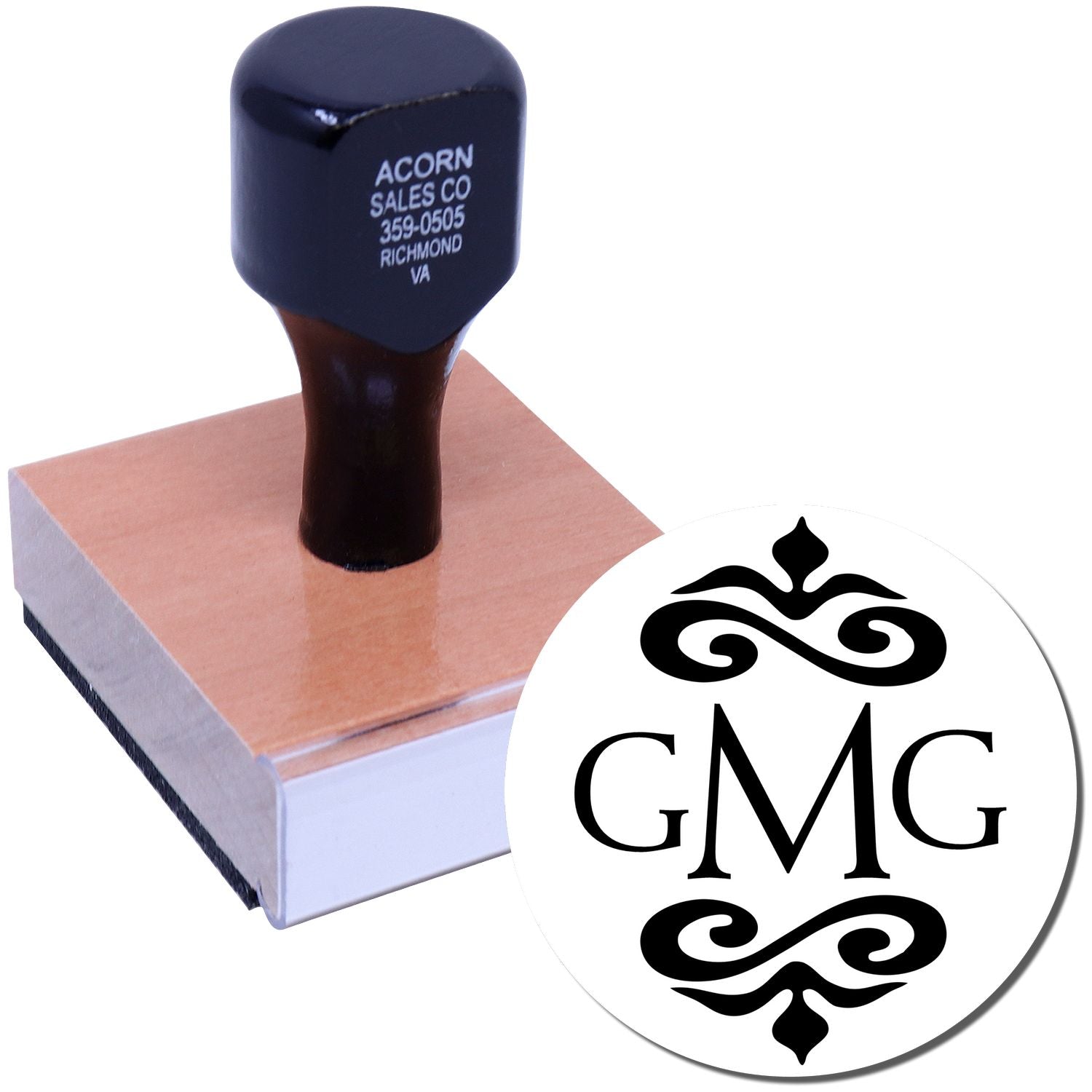 Custom monogram rubber stamp with GMG initials, ideal for personalized branding, stationery, and custom imprinting.