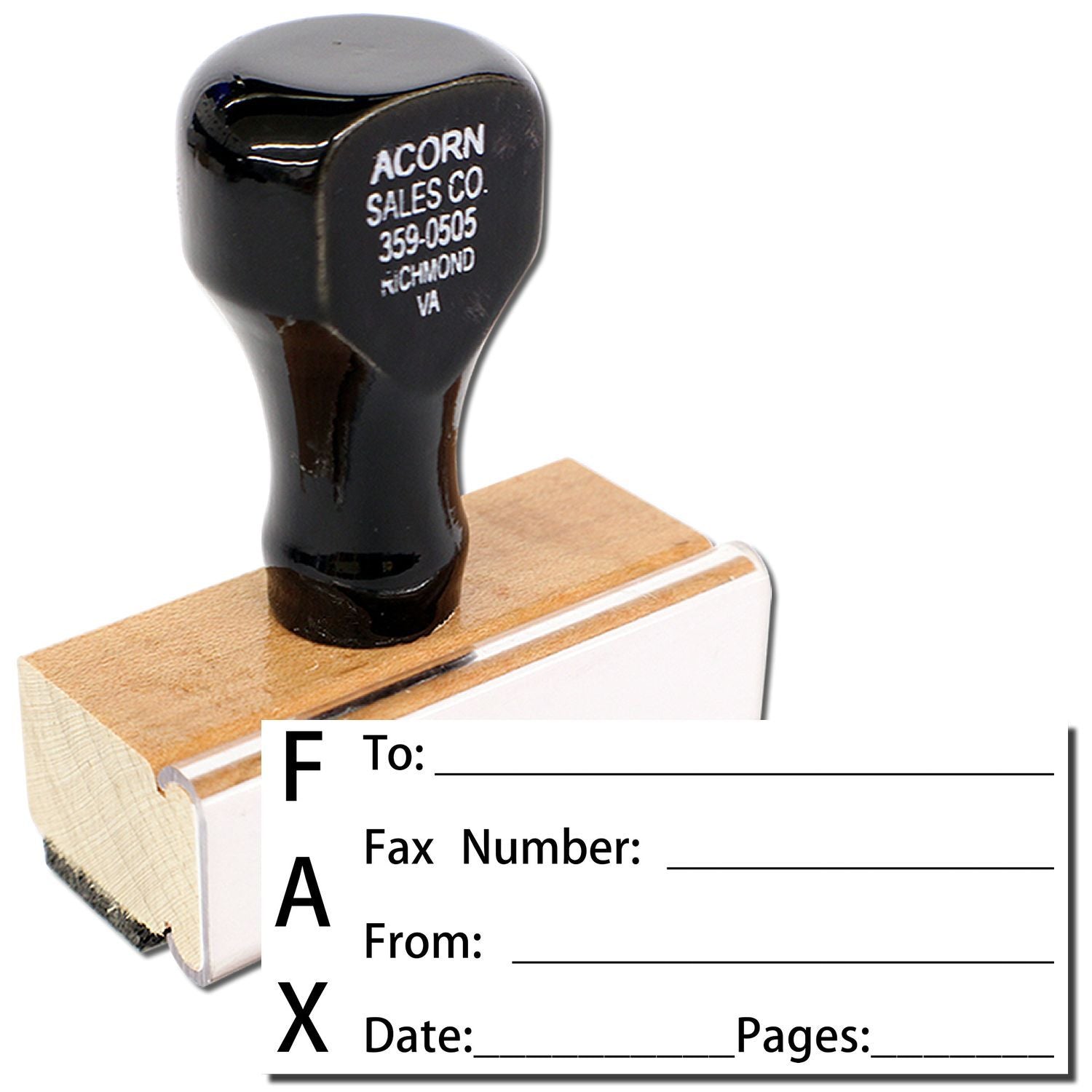 Acorn Sales Co. black rubber stamp on fax form template with To, fax number, from, date and pages fields