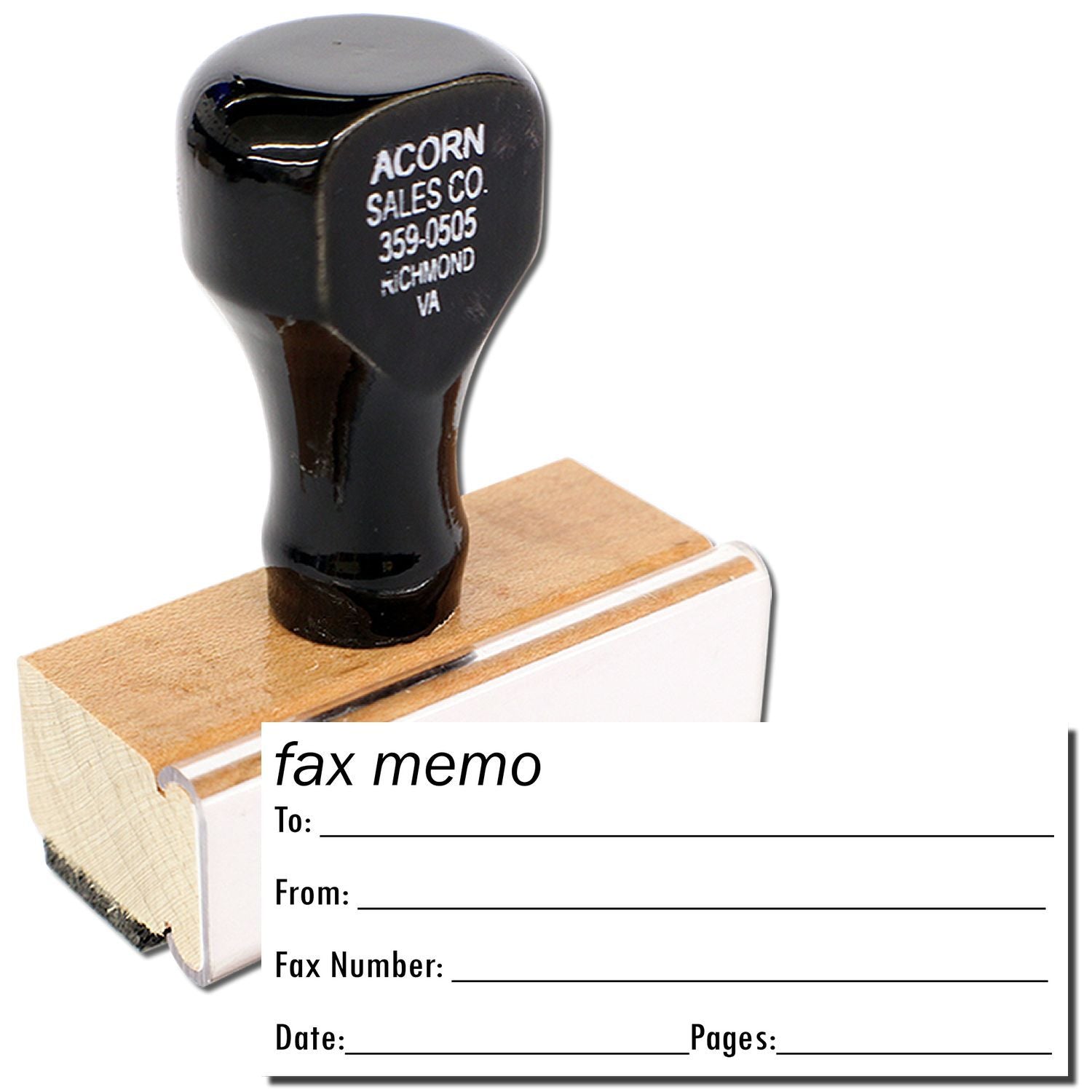 Fax memo stamp on wooden block over blank fax message form for Acorn Sales Co. routing and document marking