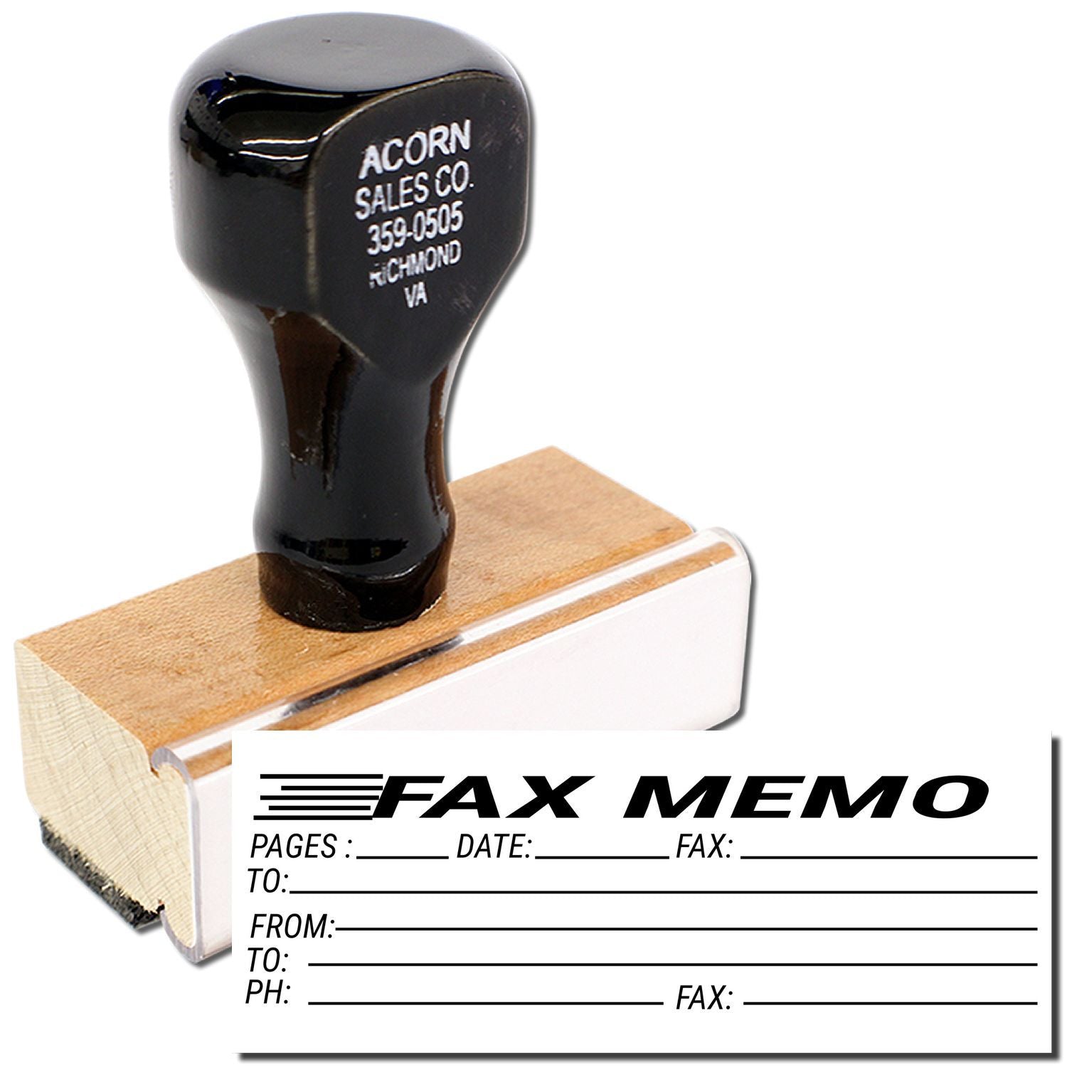 Fax memo document with black Acorn Sales Co rubber stamp, ideal for office paperwork, shipping records, and contact info.