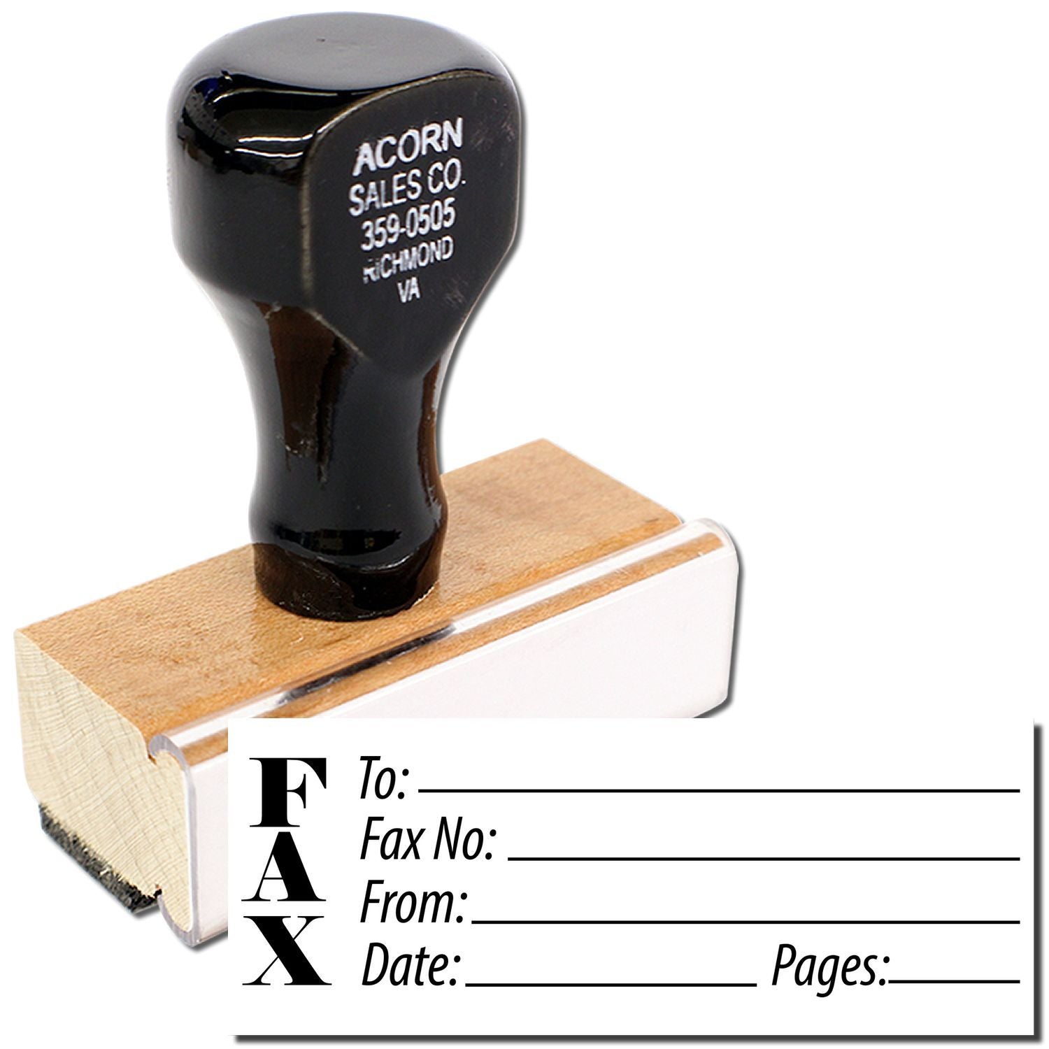 Acorn Sales Co black rubber stamp on wooden block for fax cover sheet fields: To, Fax No, From, Date, Pages.