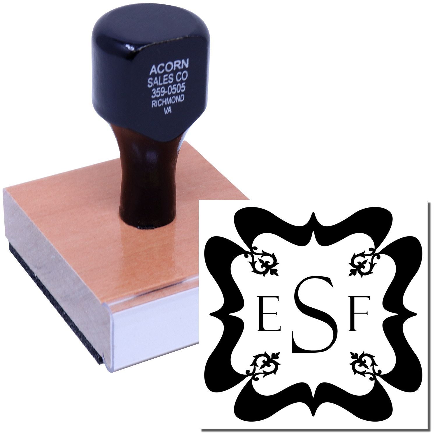 Custom self-inking rubber stamp with decorative monogram logo, ideal for business branding, letters, and stationery.