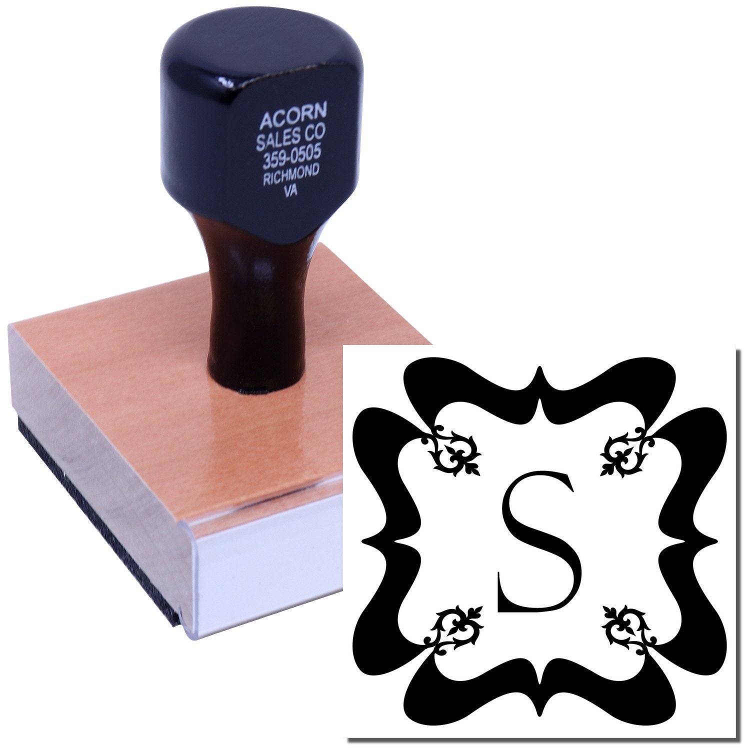 Custom monogram rubber stamp with ornate letter S design on self-inking stamp for personalized business branding