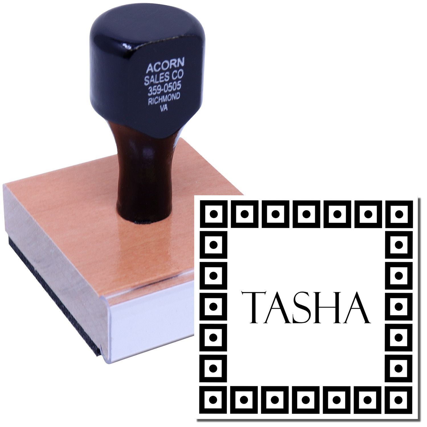 Custom name rubber stamp with wooden handle and decorative square border for personalized business or craft branding.