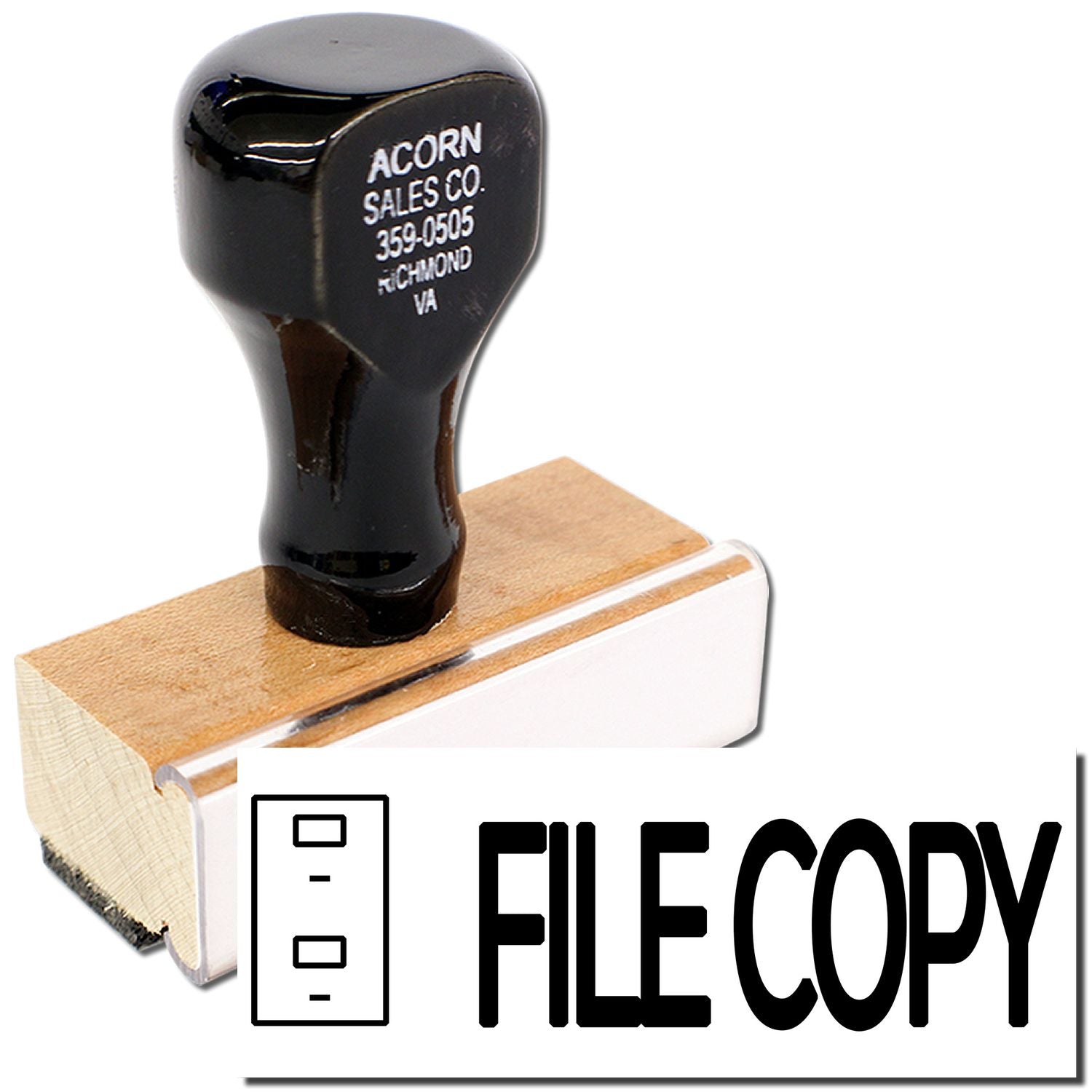 Acorn Sales Co. rubber stamp on wooden block, stamped text FILE COPY for document filing and copying.