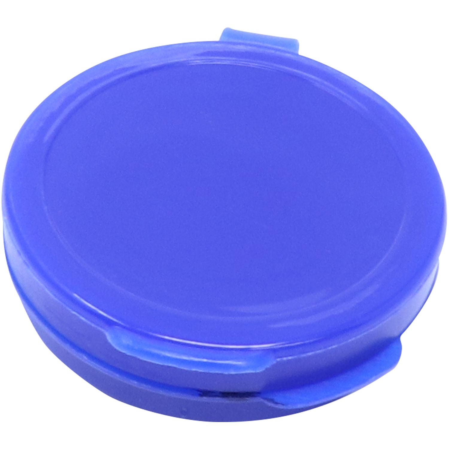 Blue round plastic compact case with snap closure, isolated on white background.