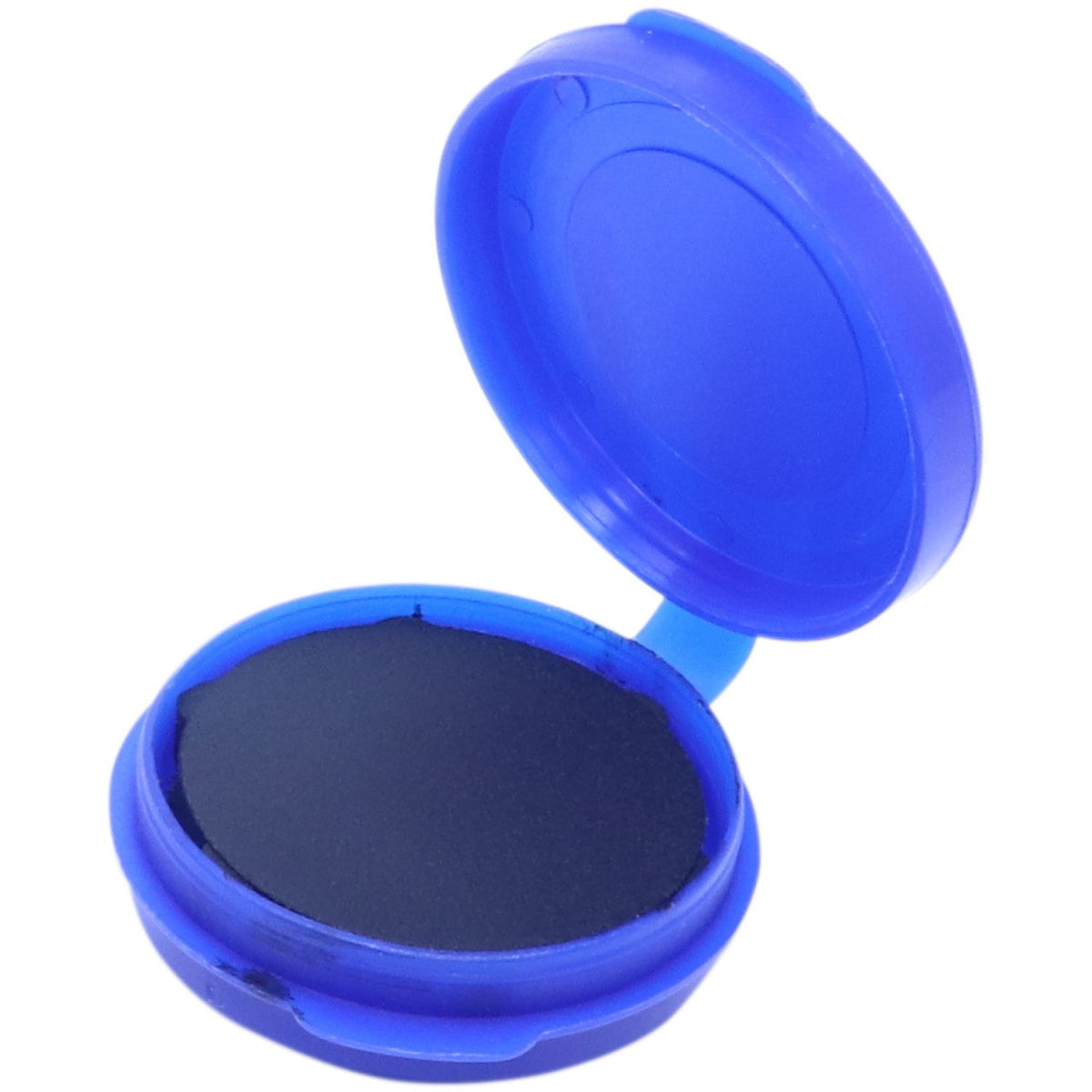 Open blue plastic cosmetic compact case with black makeup powder inside