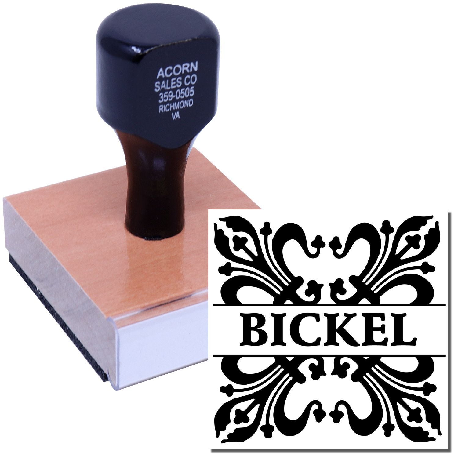 Custom rubber stamp with Bickel ornamental logo design, ideal for business branding and personalized stamping.