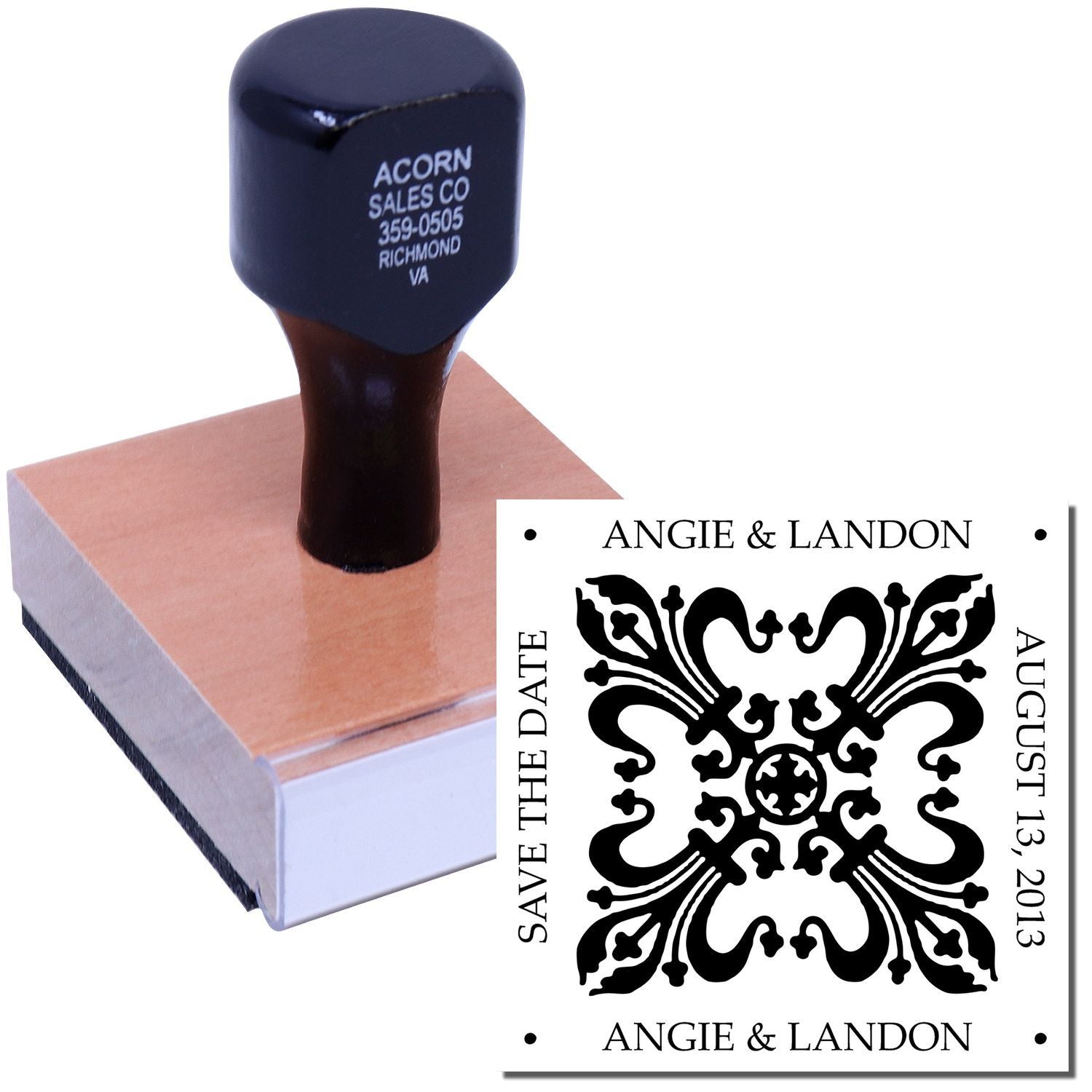 Custom wedding rubber stamp with monogram and date for invitations, stationery, and personalized keepsakes.