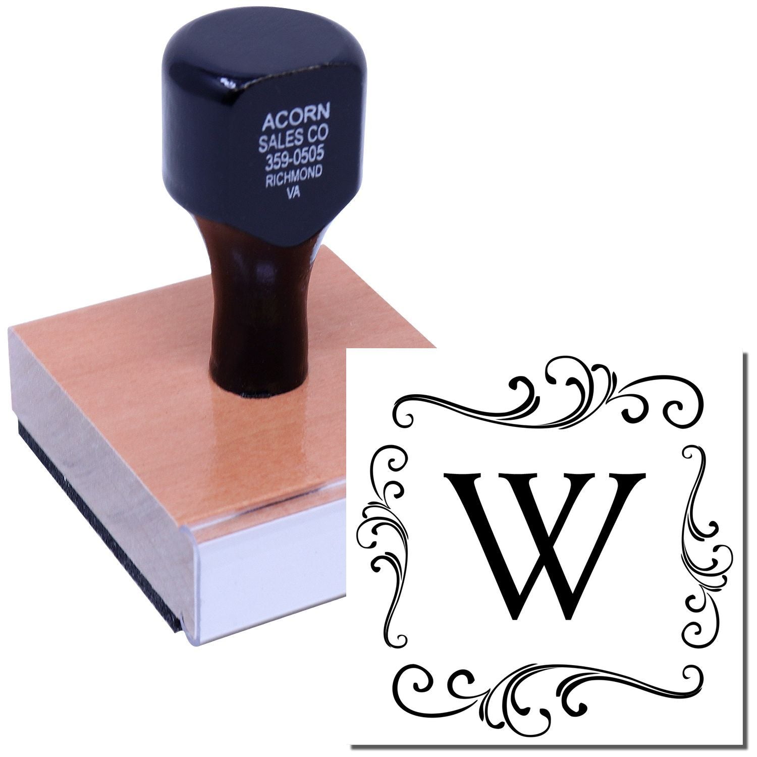Custom W monogram rubber stamp with ornate decorative border