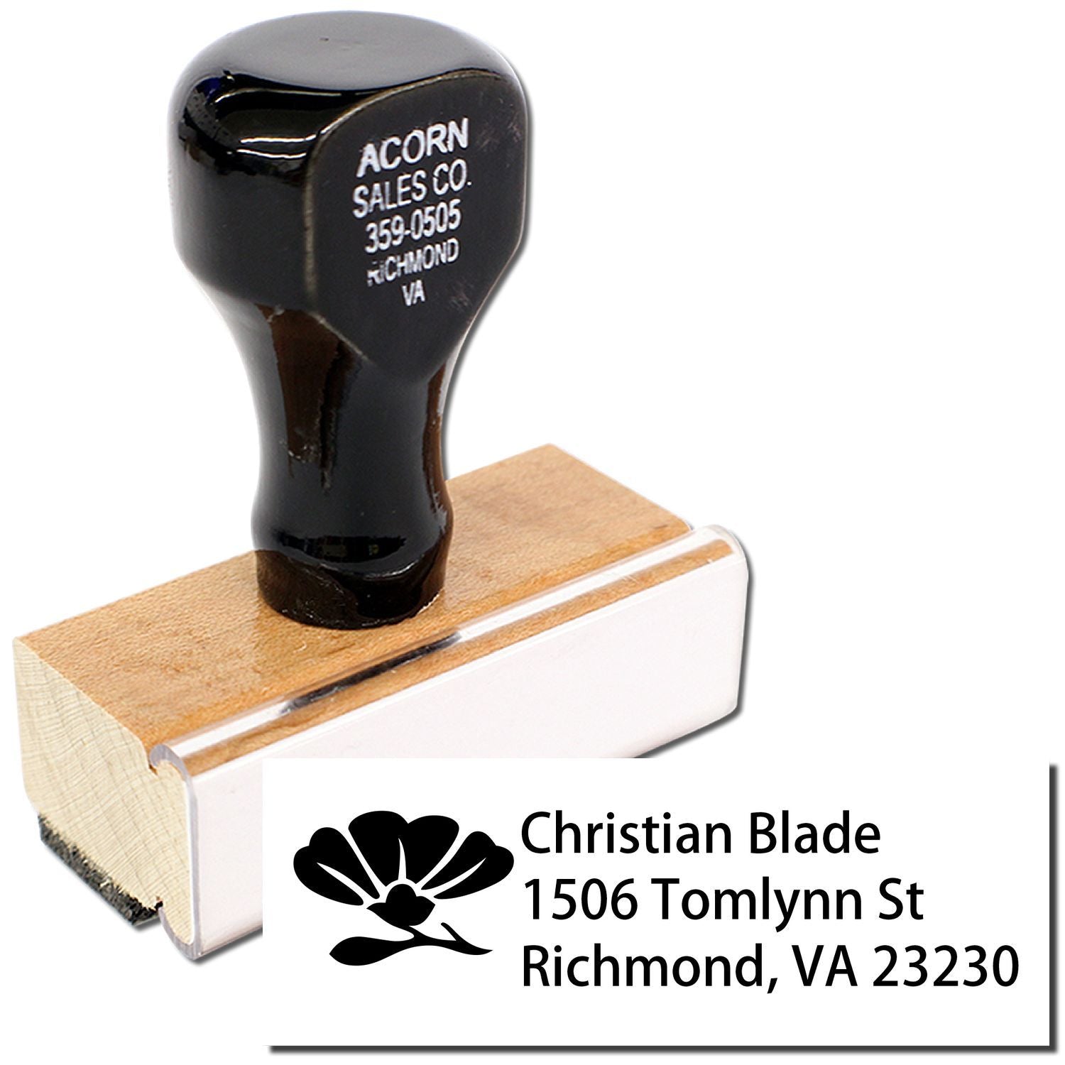 Personalized address rubber stamp with wood handle for Christian Blade, Richmond, VA 23230