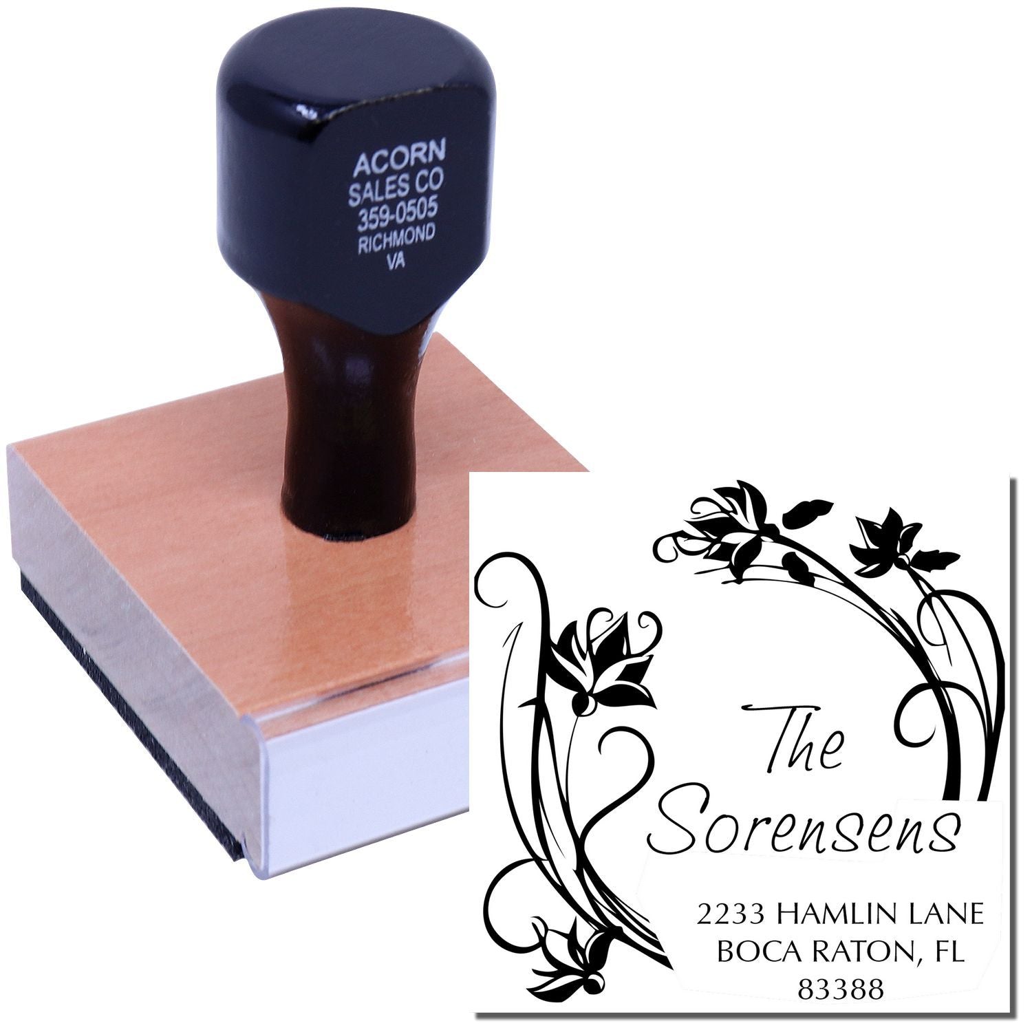 Custom floral rubber address stamp with wooden handle for envelopes, invitations, and personalized mailing.
