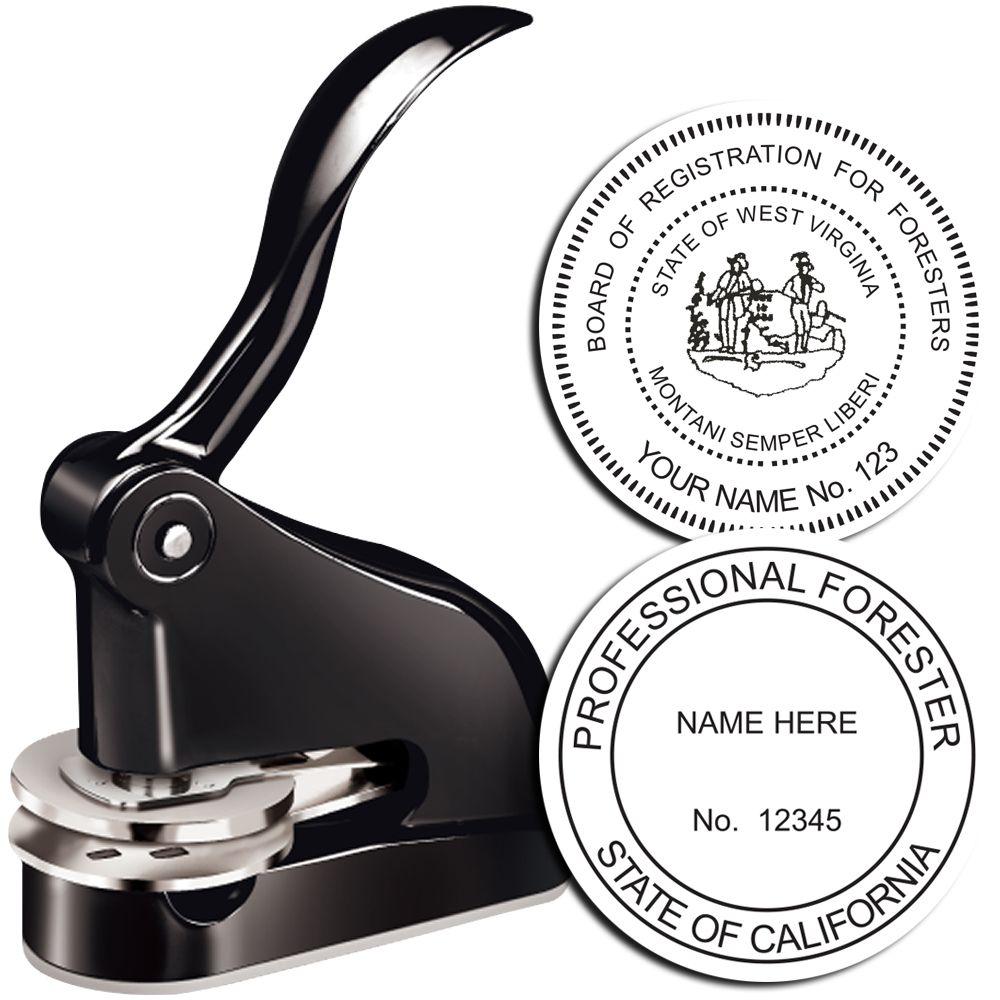 Black handheld professional forester embosser stamp with custom round seal designs for West Virginia and California forestry registration.