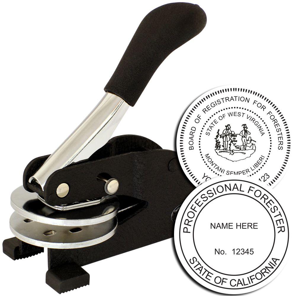 Professional forester embosser stamp with custom forestry seal and state registration badge on white background