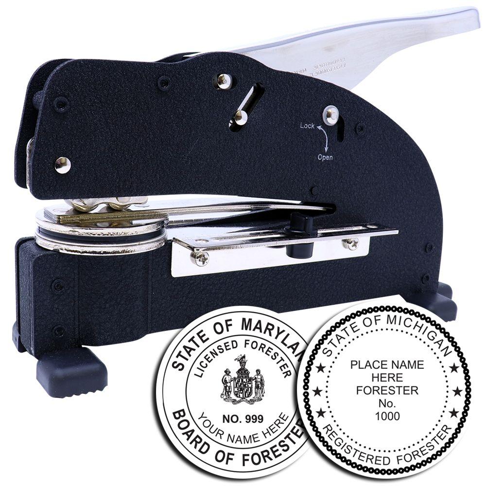 Heavy-duty custom embossing seal press with state forester seal plates for official documents and certificates