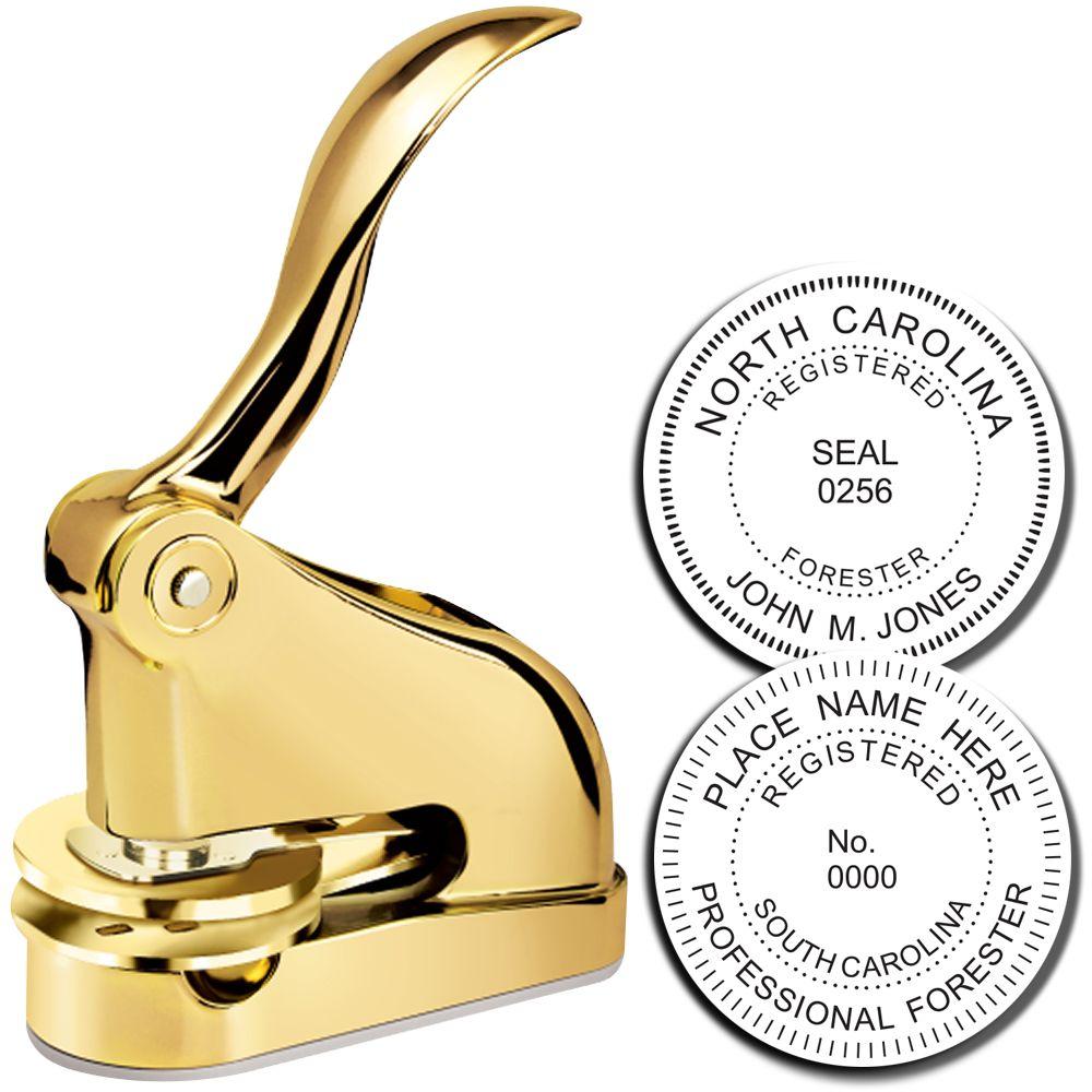 Gold notary seal embosser with custom North Carolina and South Carolina professional forester stamp plates