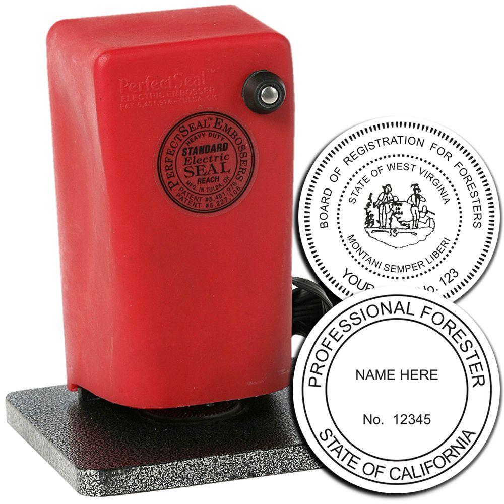 Red electric seal embosser stamp with custom professional forester seal designs for California and West Virginia