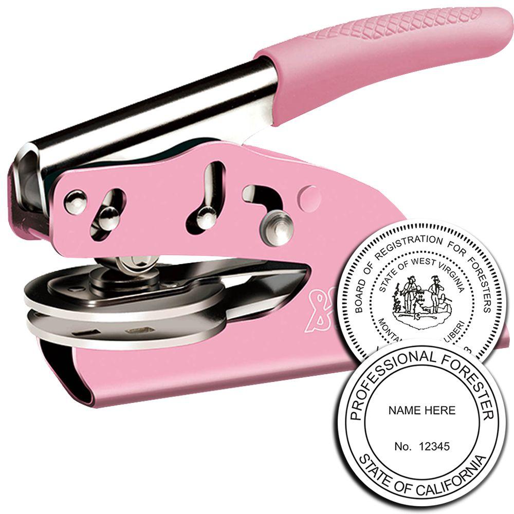 Pink handheld embossing seal stamp for professional forester documents with custom circular seal design