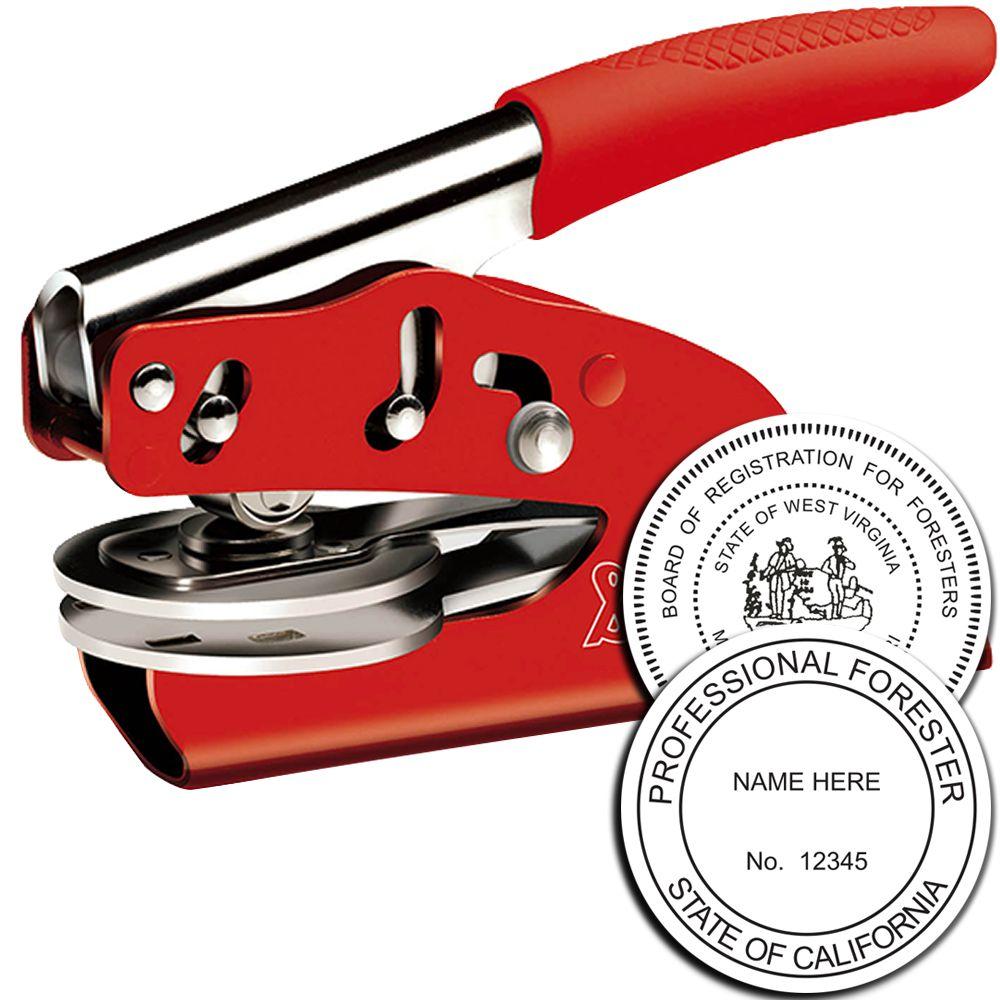 Red professional forester embossing seal stamp with state registration badges for West Virginia and California