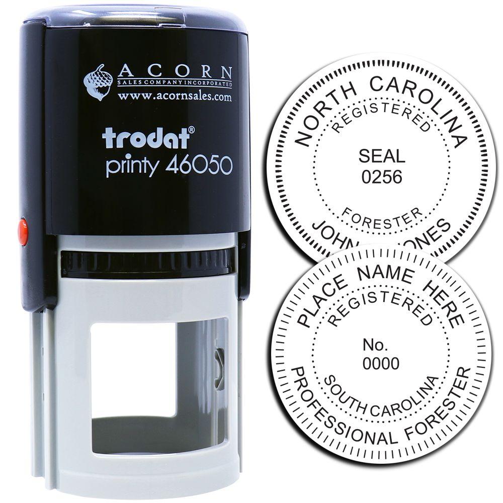 Self-inking Trodat Printy 46050 stamp with custom North and South Carolina professional forester seal impressions