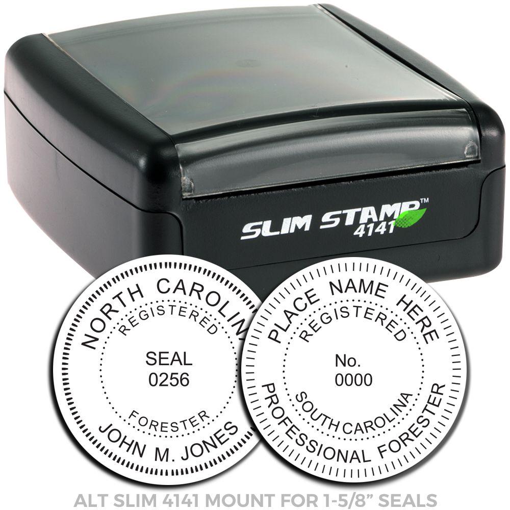 Slim Stamp 4141 mount for 1-5/8 inch professional seal stamps, with custom seal examples.