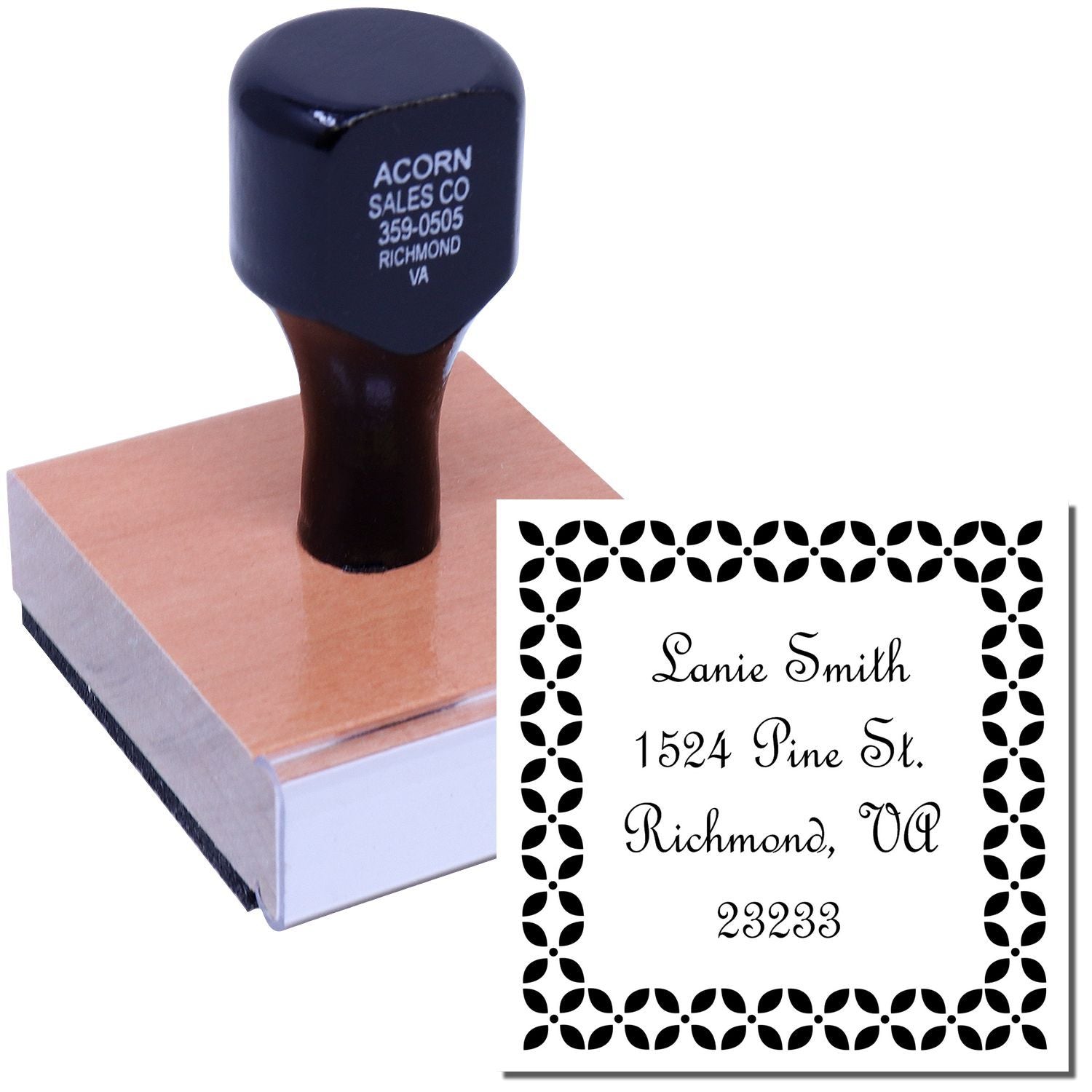 Personalized return address rubber stamp with decorative border, shown with impression for envelopes, mailings, and invitations.