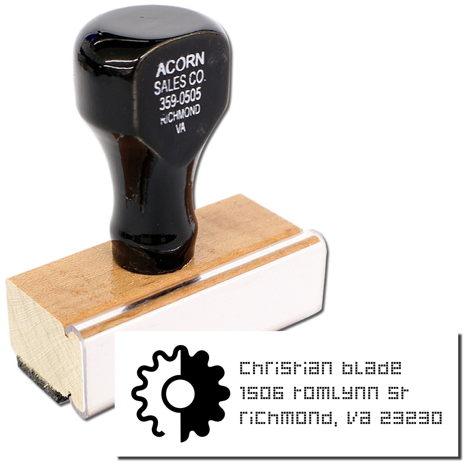 Custom self-inking rubber stamp for business address and logo imprinting on envelopes and documents.