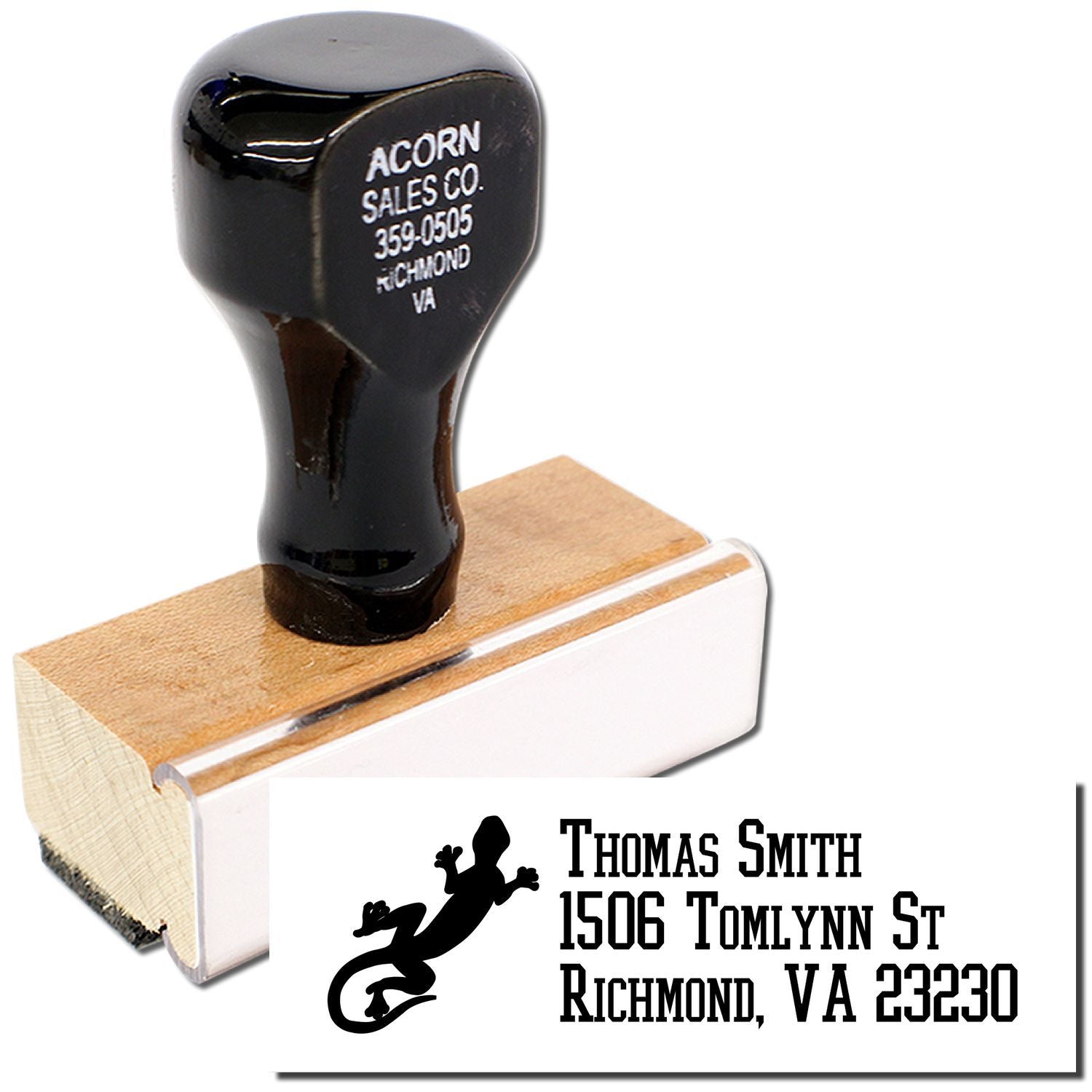 Custom address rubber stamp with lizard logo, Thomas Smith, 1506 Tomlynn St, Richmond VA 23230, for mailing envelopes.
