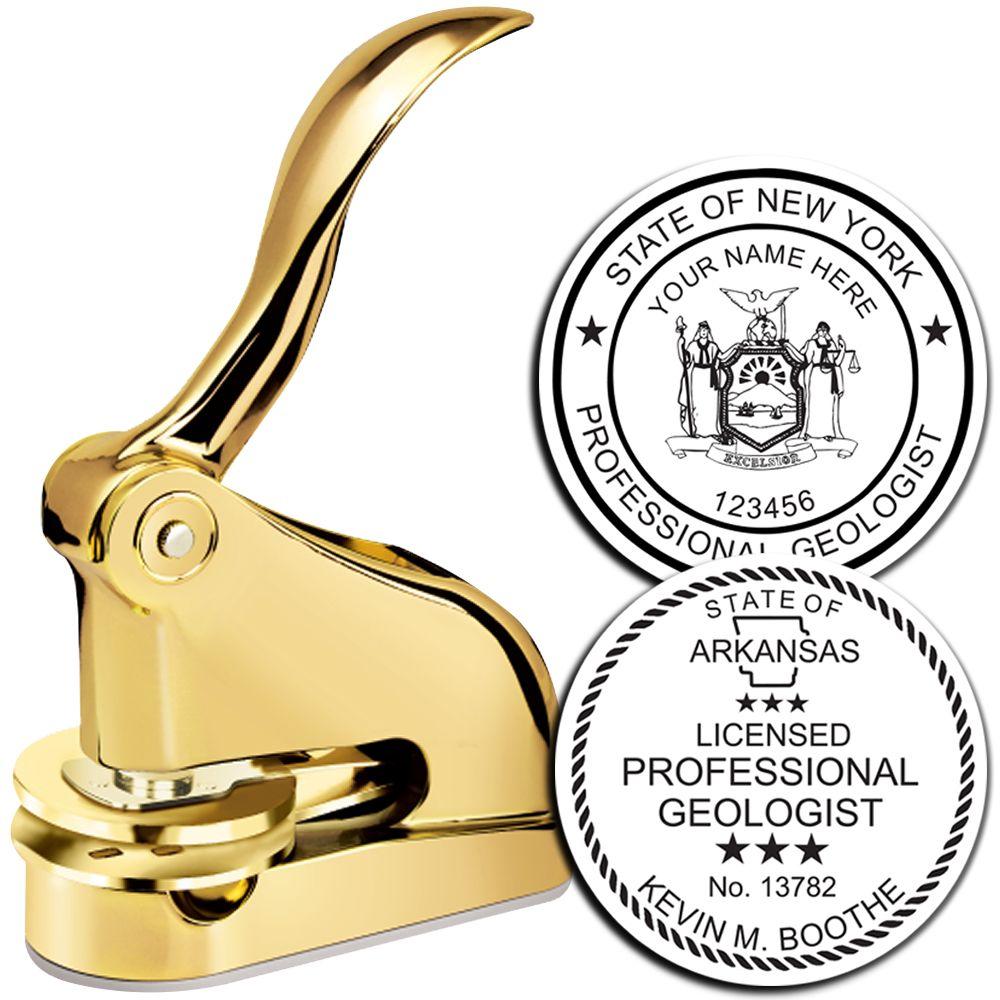 Gold professional geologist embosser stamp with New York and Arkansas state seal impressions on white background