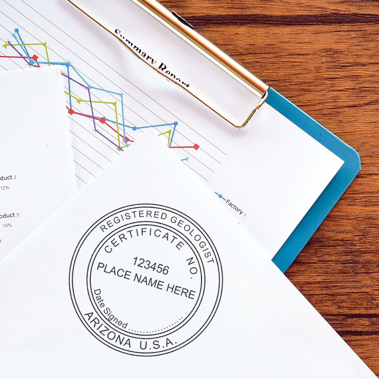 Financial report with colorful line chart and registered geologist certificate stamp on wooden desk