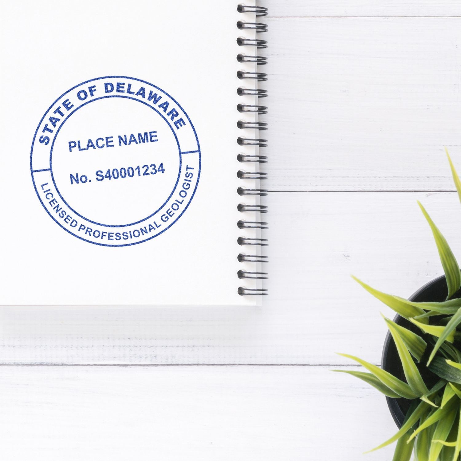 Blue State of Delaware licensed professional geologist stamp on a white spiral notebook with a small potted plant on a desk.