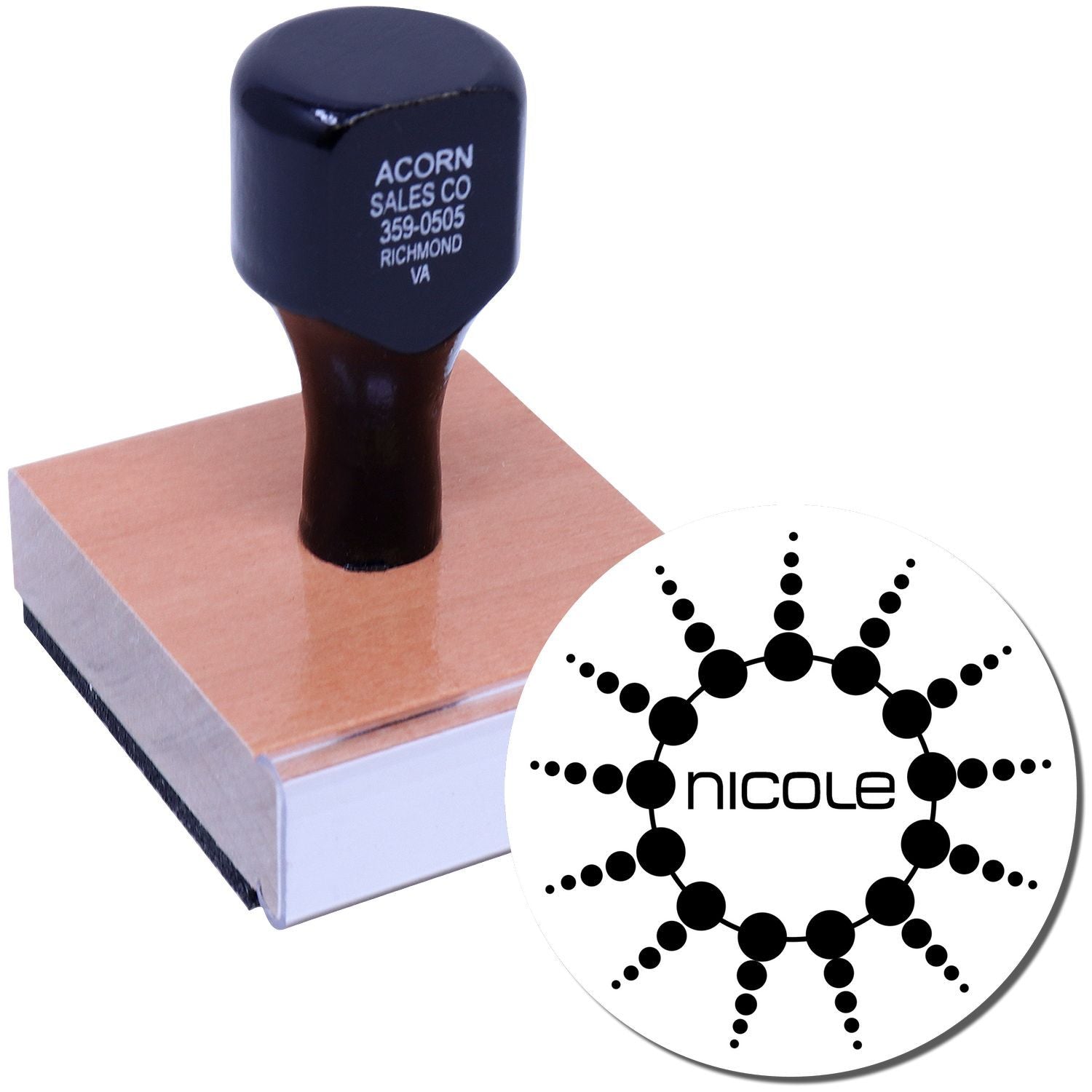 Custom rubber stamp with personalized business name and logo design for branding, addressing, and office use.